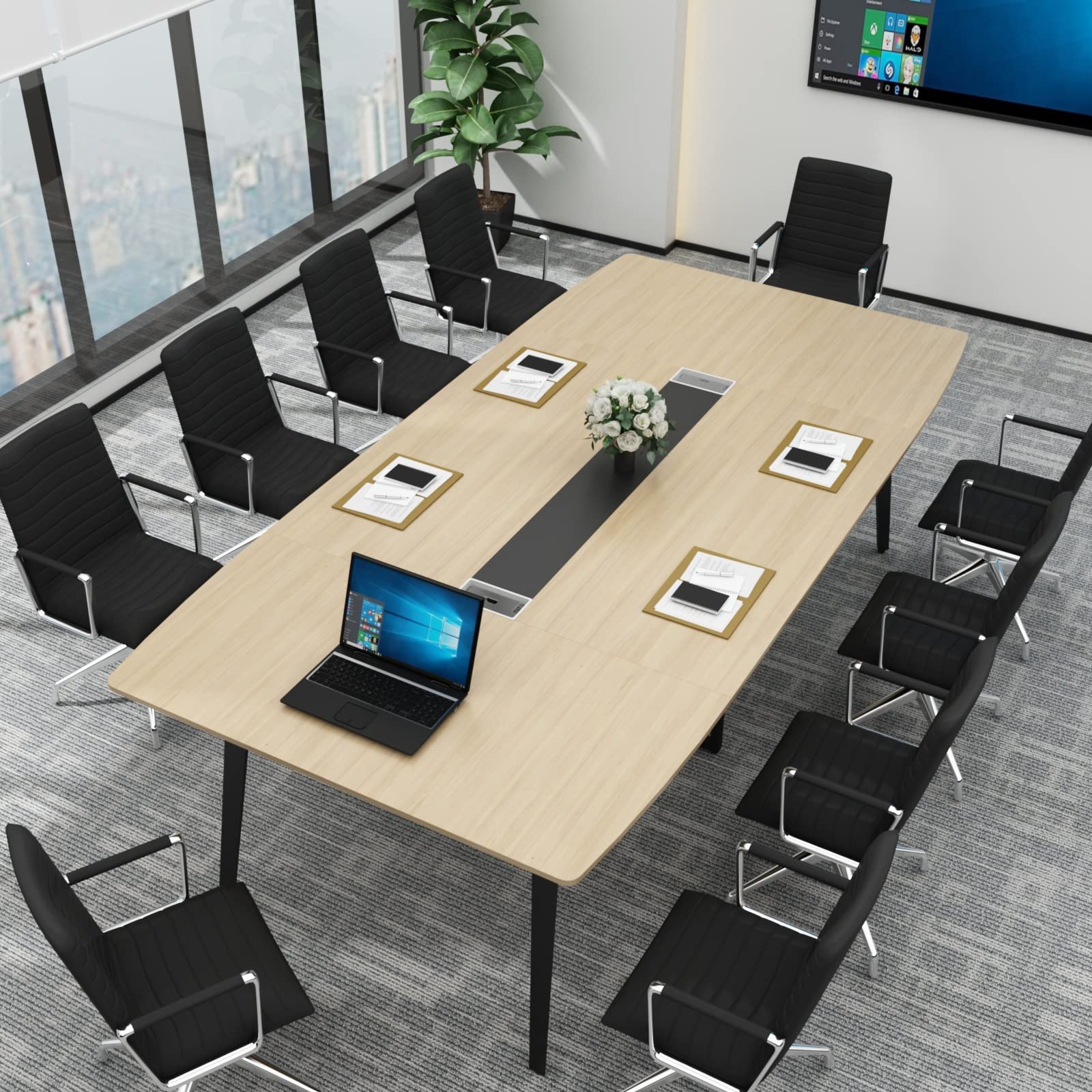 8FT Conference Table, 94.49" L x 47.24" W x 29.53" H Meeting Seminar Table with Grommet, Large Boat Shaped Computer Desk, Boardroom Desk for Office Meeting Conference Room