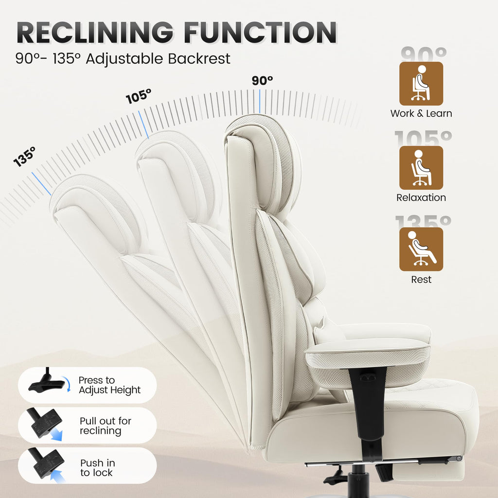 Office Desk Chair, Big and Tall Leather Gaming Chair with Footrest, Ergonomic Comfy Executive High-Back Reclining Computer Chairs, Wide Swivel Rolling Wheels and Padded Lumbar Support, White