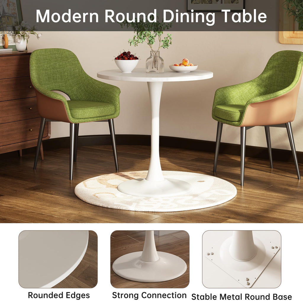 Kasinali Round Dining Table 24" Circle Tulip Table with Wood Thickened Tabletop & Sturdy Metal Pedestal Mid Century Modern Leisure Bistro Kitchen Tables 2 People Small Places Living Room Cafe,White