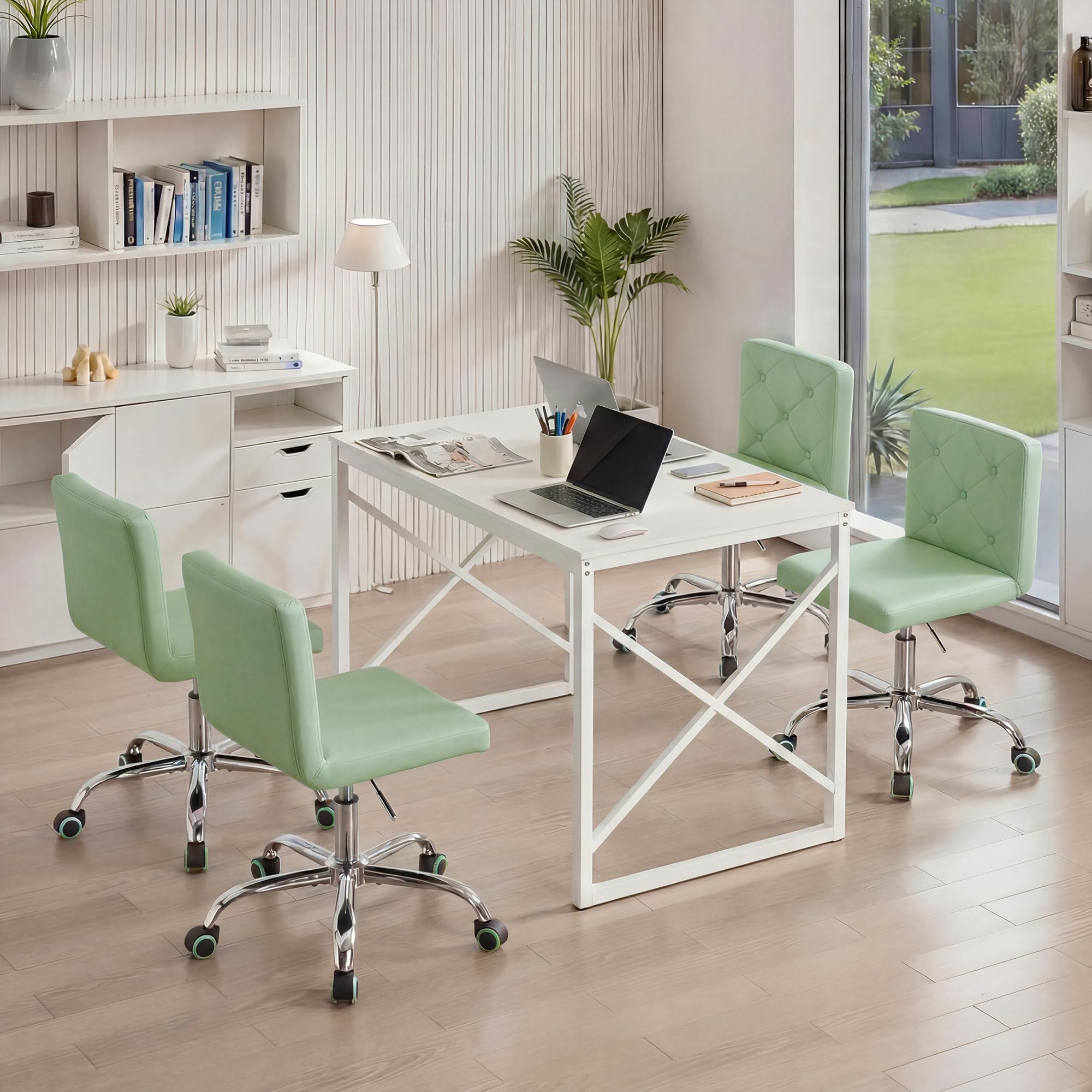 PU Leather Mid-Back Armless Vanity Chair Adjustable Height 360° Rolling Swivel for Office Work