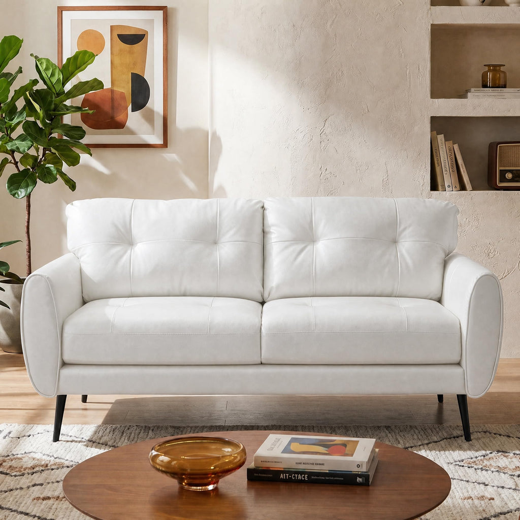 61" Loveseat Couches for Living Room, White Faux Leather Couch Mid Century Modern Tufted Mini Sofa Comfy Office 2 Seat Settee Love Seat Small Couches for Small Spaces Bedroom, White