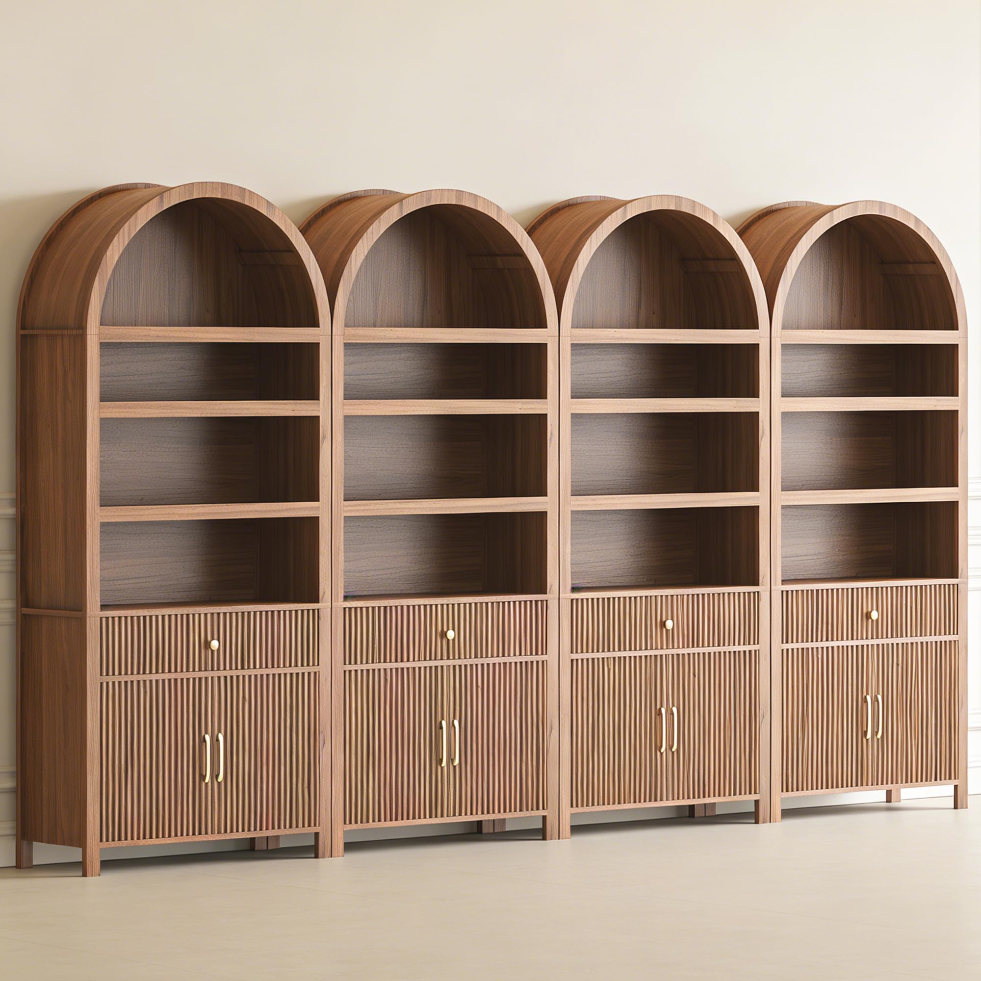 Book Shelf 70" Tall Bookcase with Drawer, 7-Tier Arched Cabinet with Storage and Fluted Door, Mid-Century Modern Modular Arch Bookshelf for Office Living Room Bedroom Library (Walnut, 4)