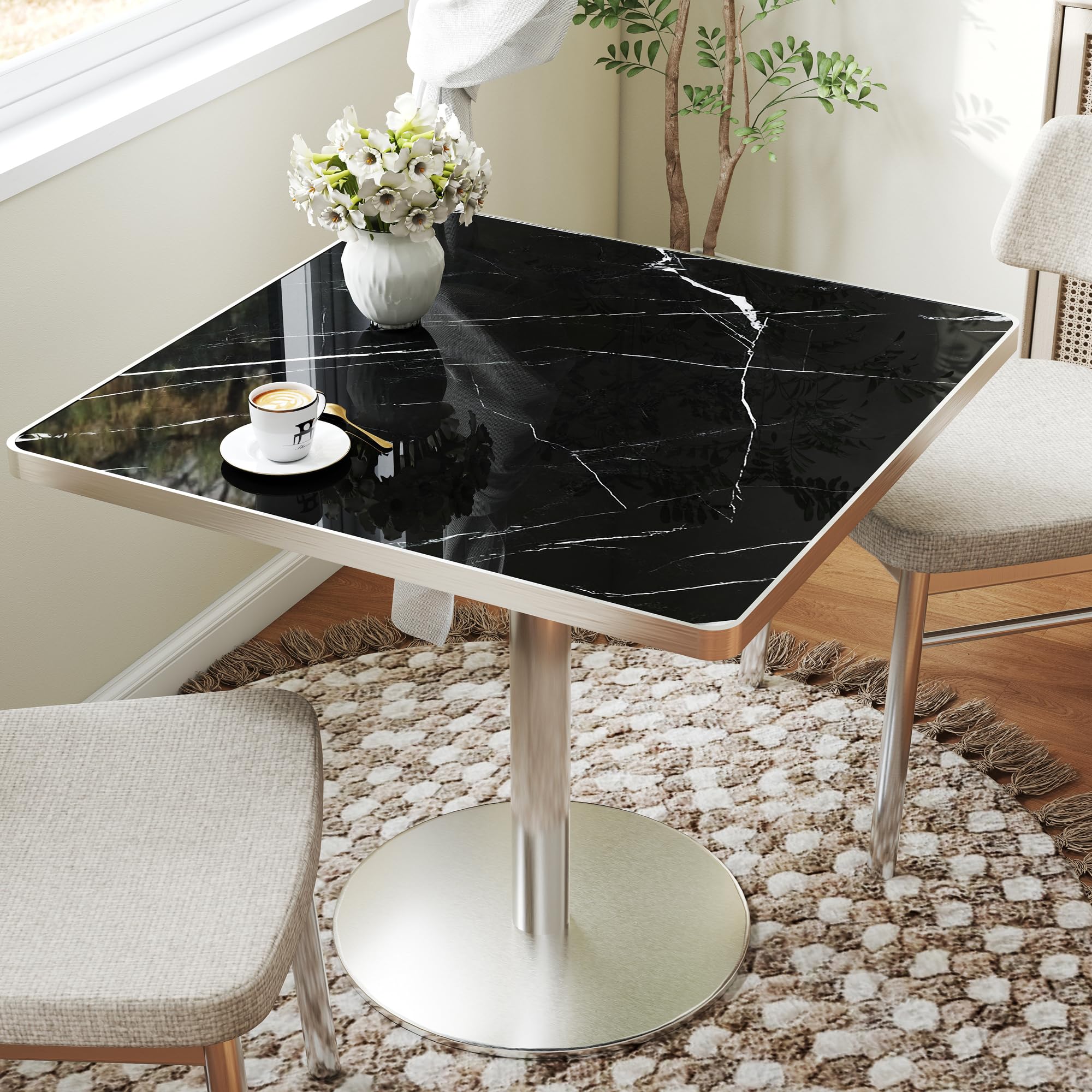 hausway 31.5" Tulip Table,Square Kitchen Dining Table for 2-4 with Thick Sintered Stone Top,Titanium Golden Pedestal Base,Heat-Resistant,Bistro Table for Dining Room,Café,Small Space（Silent Pulse）