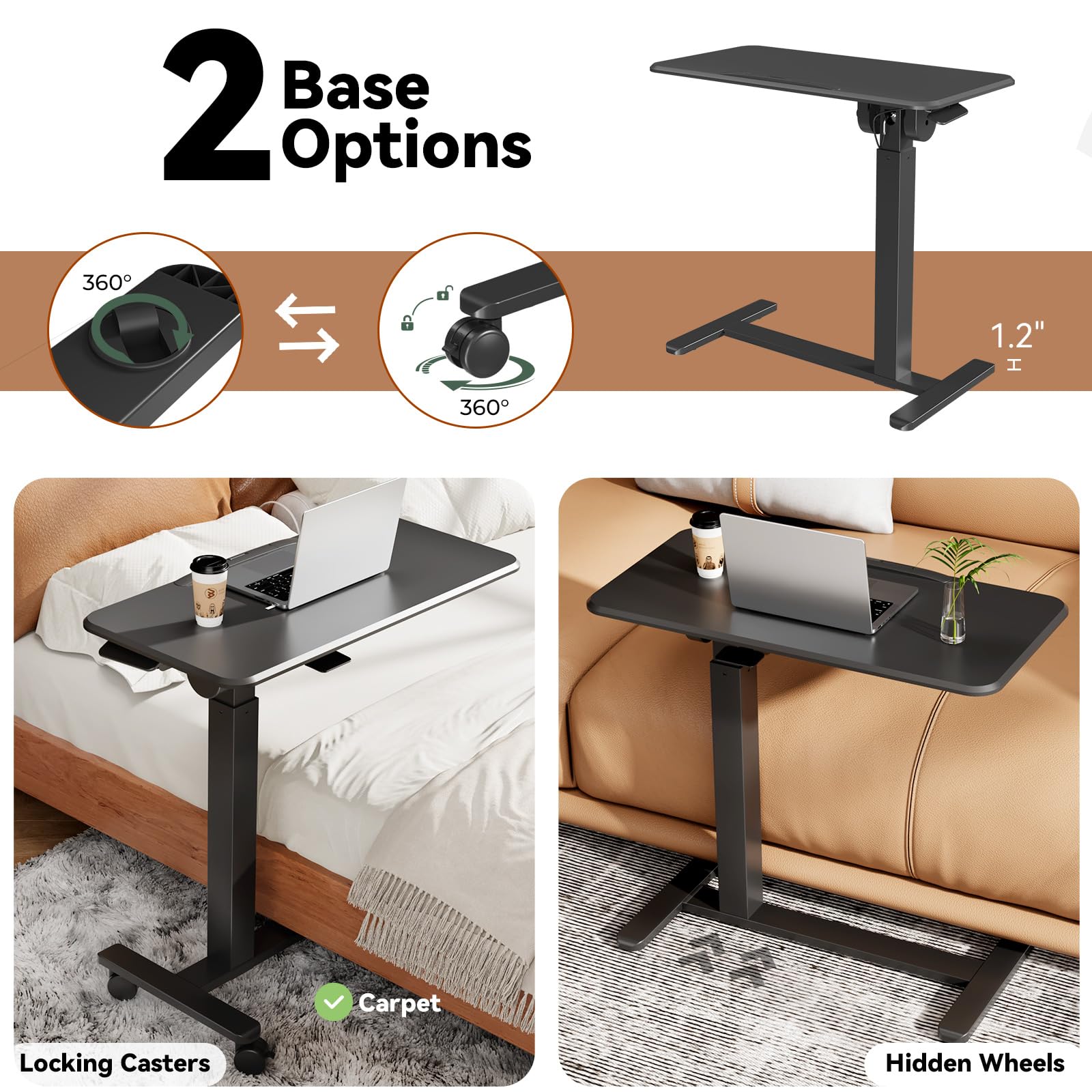 Mobile Standing Desk, Height Adjustable Left/Right Overbed Bedside Table, 90° Tiltable Portable Laptop Desk with Wheels, Foldable Computer Cart for Hospital Home Use, Black