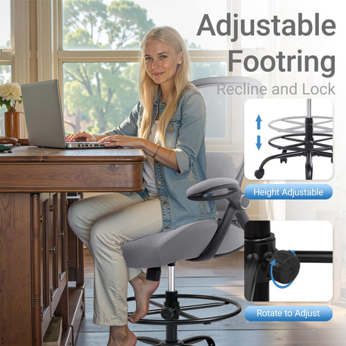 400lbs Heavy Duty Drafting Chair 5" Thickened Seat Office Chair with Flip-Up Armrests Tall Ergonomic Computer Chair with Lumbar Support and Adjustable Footrest Ring Standing Desk Chair(Grey)