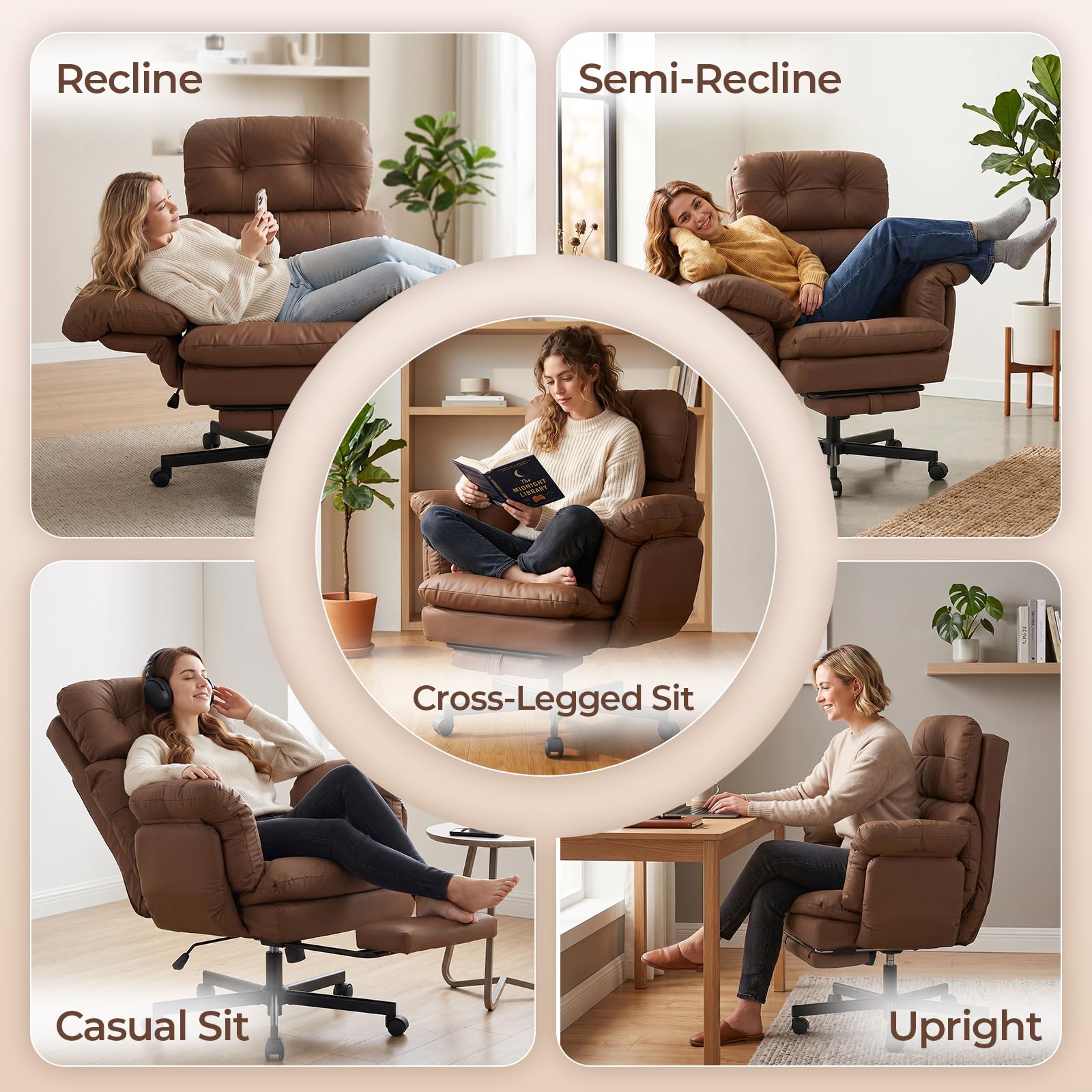 Criss Cross Office Chair with Foot Rest, Big and Tall Office Desk Chair with Flip Armrests for Pets & Cross Legged Sitting, Comfy Executive Ergonomic Reclining Computer Gaming Vanity Chair, Brown