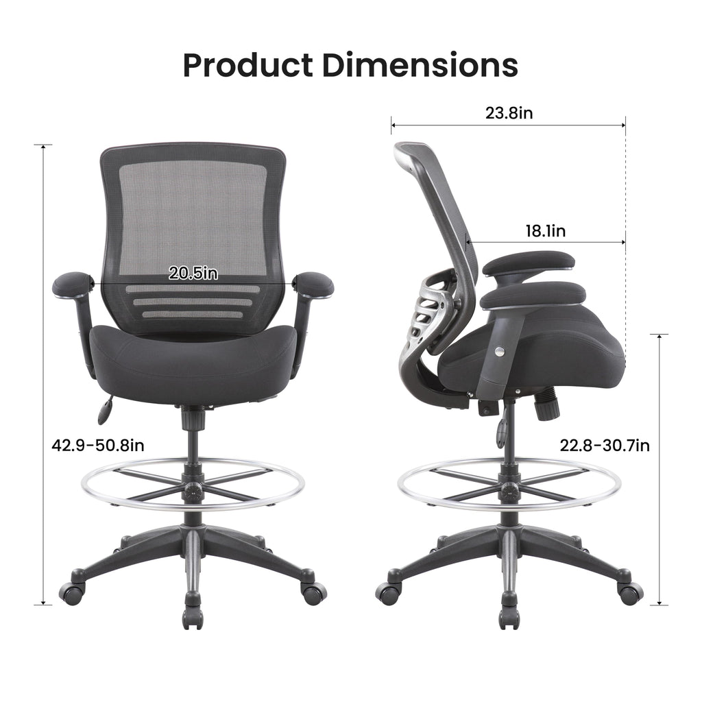 400lbs Mid Back Mesh Ergonomic Drafting Chair for Standing Desk Office Wide Chair Built-in Lumbar Support Big Adjustable Foot Ring Height Adjustable Armrest (Black)