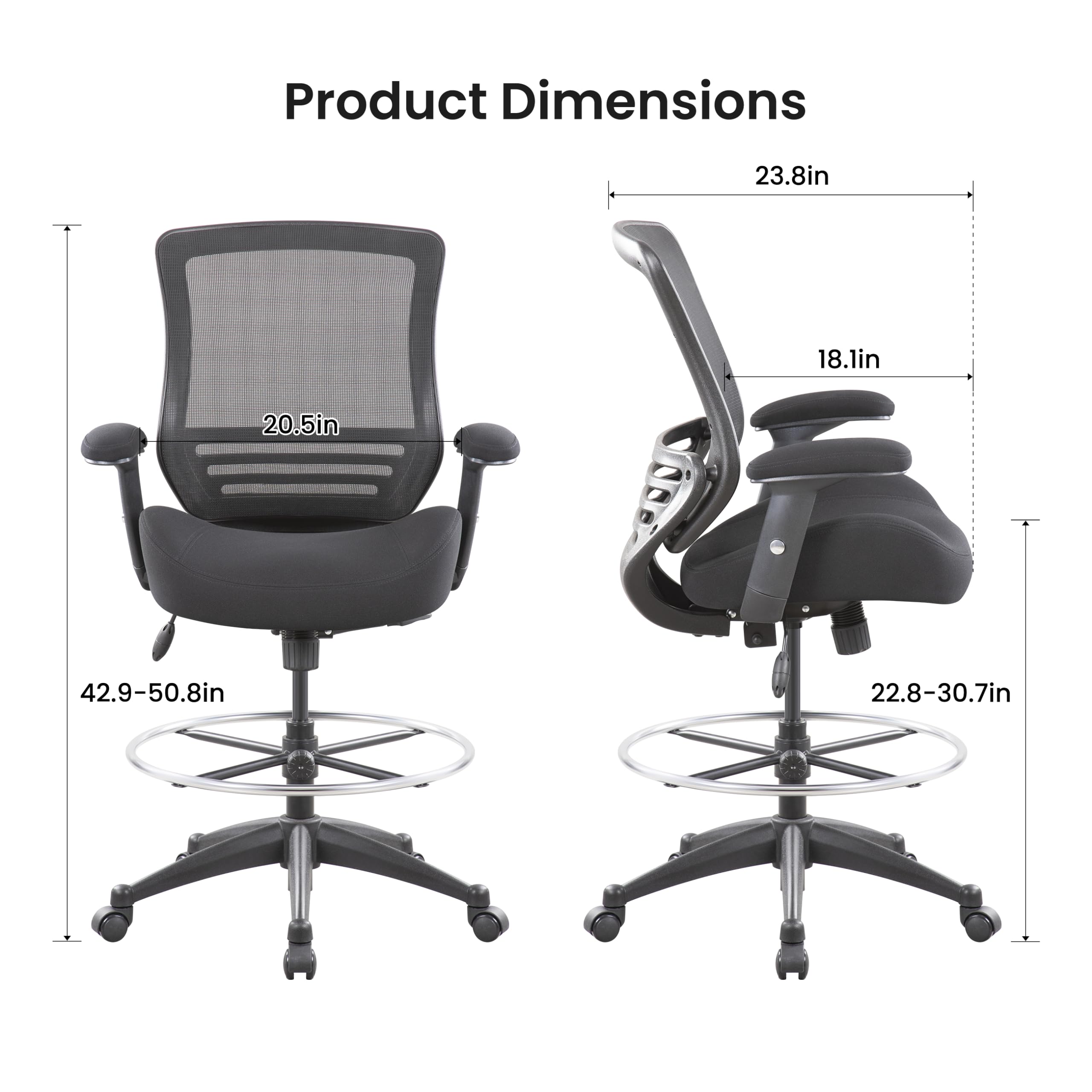 400lbs Mid Back Mesh Ergonomic Drafting Chair for Standing Desk Office Wide Chair Built-in Lumbar Support Big Adjustable Foot Ring Height Adjustable Armrest (Black)