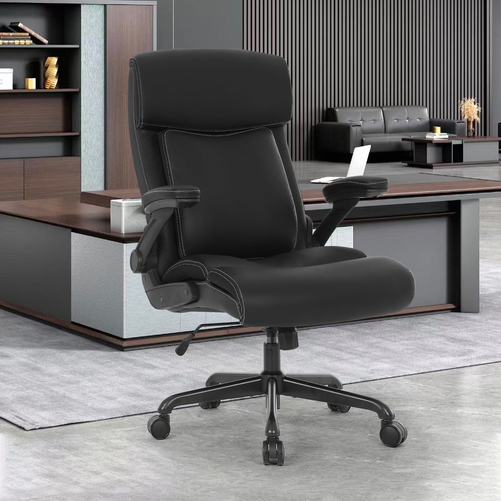 ralex-chair Big and Tall Office Chair, 500lbs for Heavy People, High Back Leather Executive Desk Chair with Flip-up Armrests and Adjustable Height (Black)