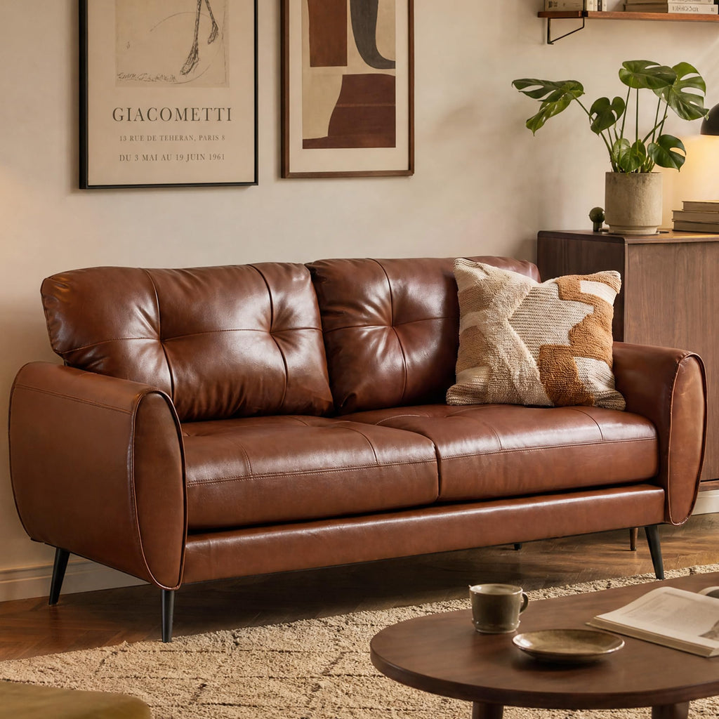 Sofa Couch 61" Small Loveseat Couches for Living Room Chestnut Brown Leather Couch Mid Century Modern Tufted Mini Sofa Comfy Office 2 Seat Settee Love Seat for Small Spaces Bedroom
