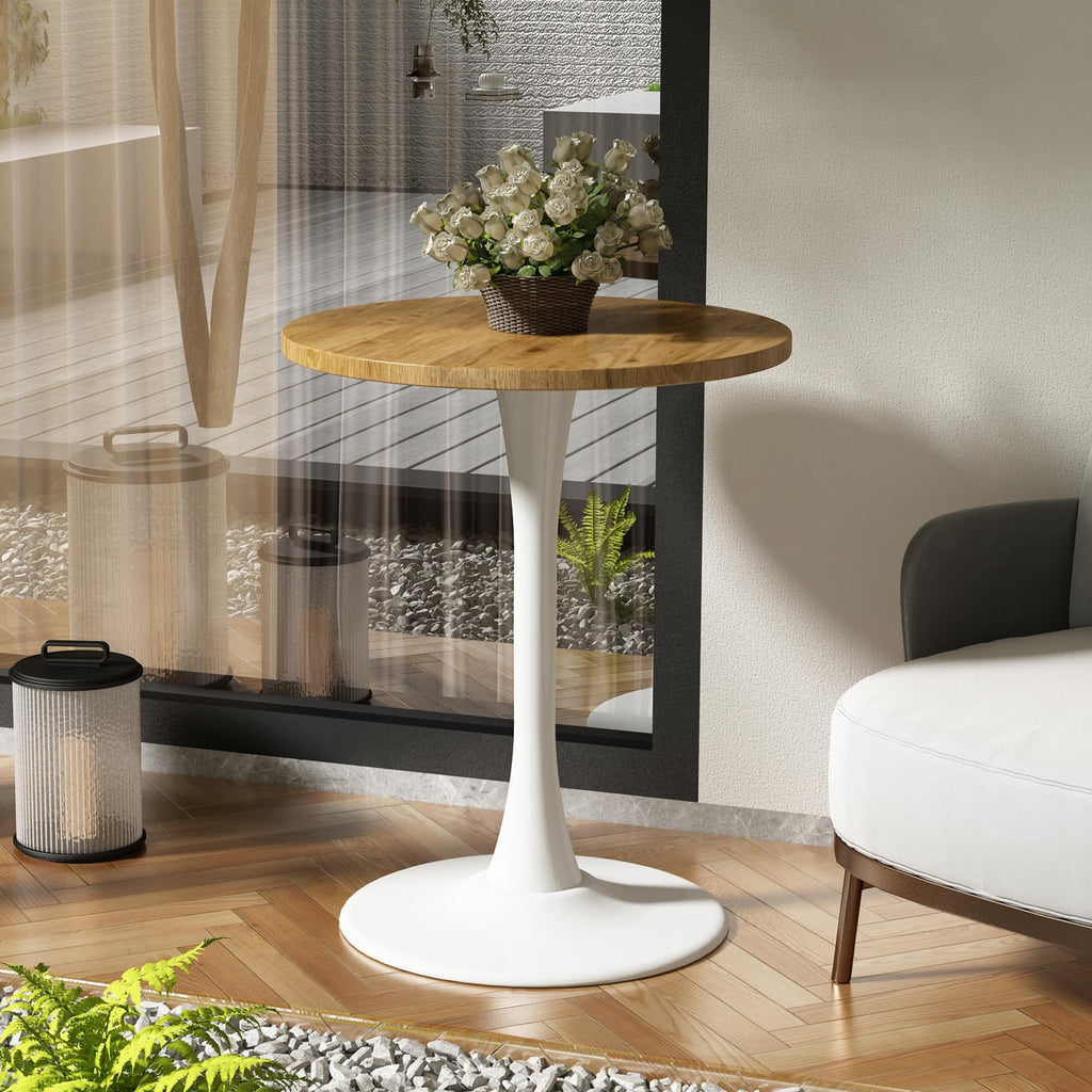Kasinali Round Dining Table 24" Circle Tulip Table with Wood Thickened Tabletop & Sturdy Metal Pedestal Mid Century Modern Leisure Bistro Kitchen Tables 2 People Small Places Living Room Cafe,Oak