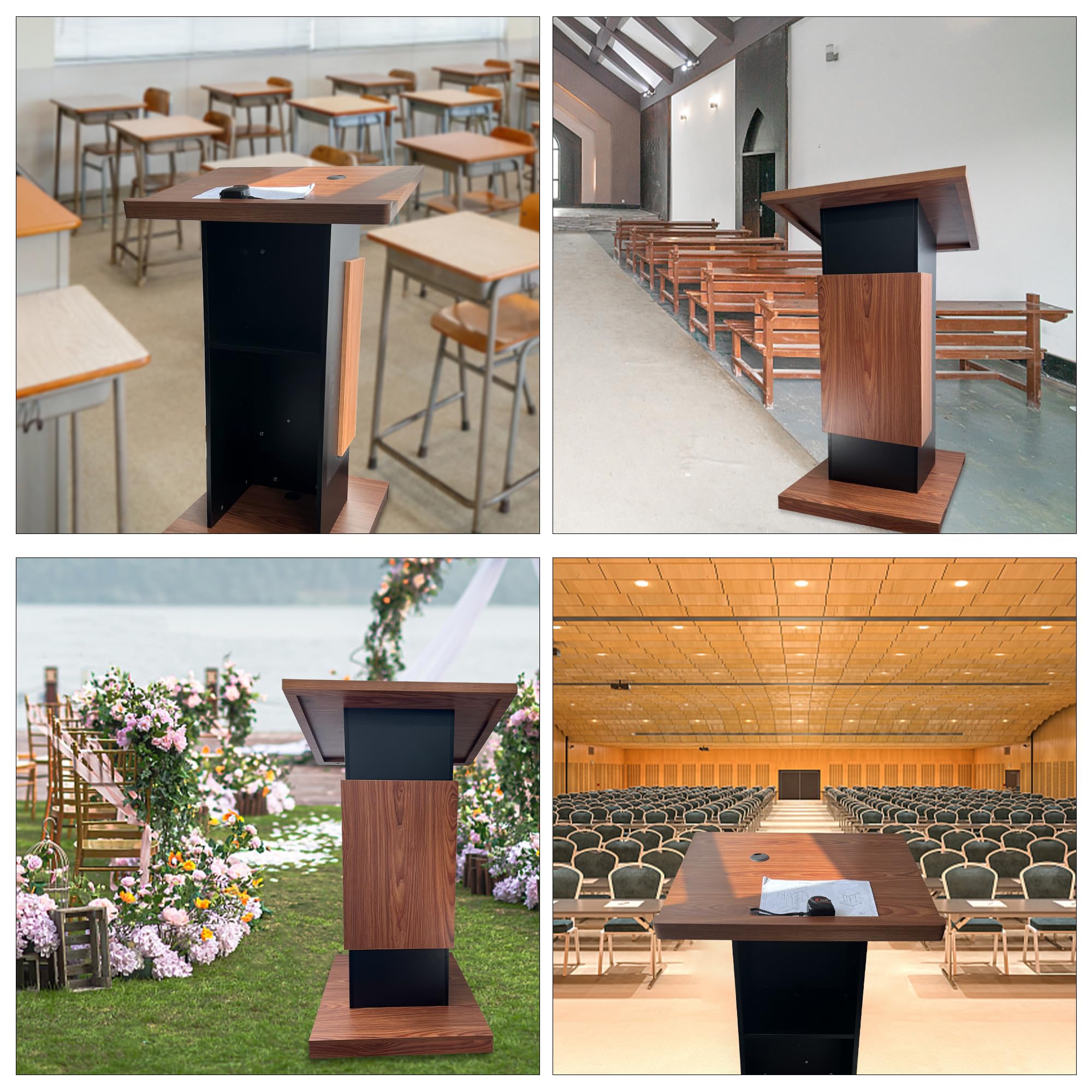 Wood Podium with Wheels,Wooden Lectern Stand,15MM Particle Board,Elegant Design with Storage,Mic Stand Space, Wooden Pulpit for Restaurants,Churches,Seminars and Schools