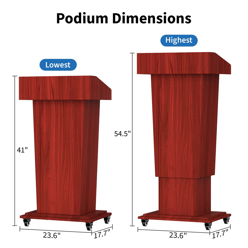 Wooden Podium Stand with Wheels, 41”–54.5” Height Adjustable Lectern, Mobile Podium with Crank Lift, Stable Base & Storage Shelf, Elegant Pulpit for Churches, Schools, Seminars and Auditoriums