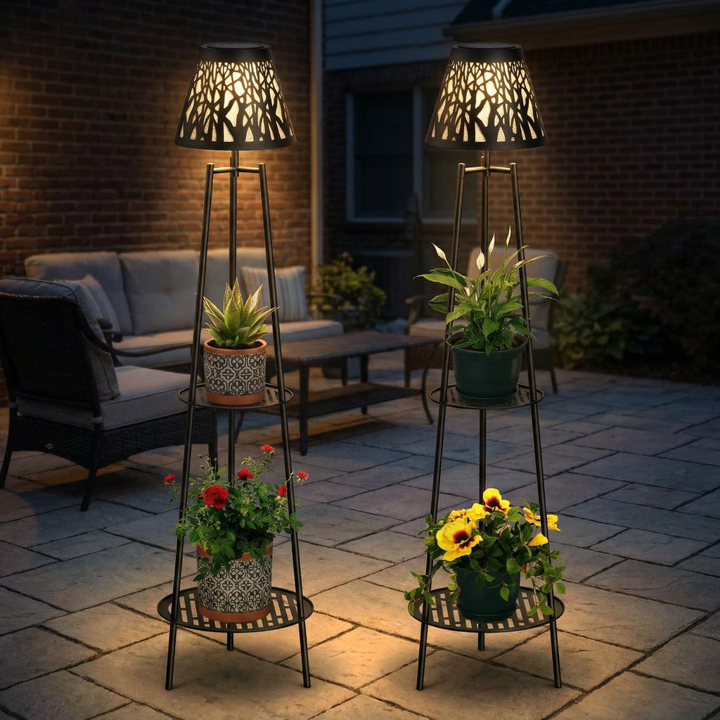 2 Pack Solar Floor Lamps Outdoor with 2-Tier Plant Stand, Metal Tall Planter Holder with Waterproof LED Lantern, Decorative Patio Light & Flower Pot Display Rack for Garden, Deck, Porch, Balcony