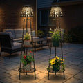 2 Pack Solar Floor Lamps Outdoor with 2-Tier Plant Stand, Metal Tall Planter Holder with Waterproof LED Lantern, Decorative Patio Light & Flower Pot Display Rack for Garden, Deck, Porch, Balcony