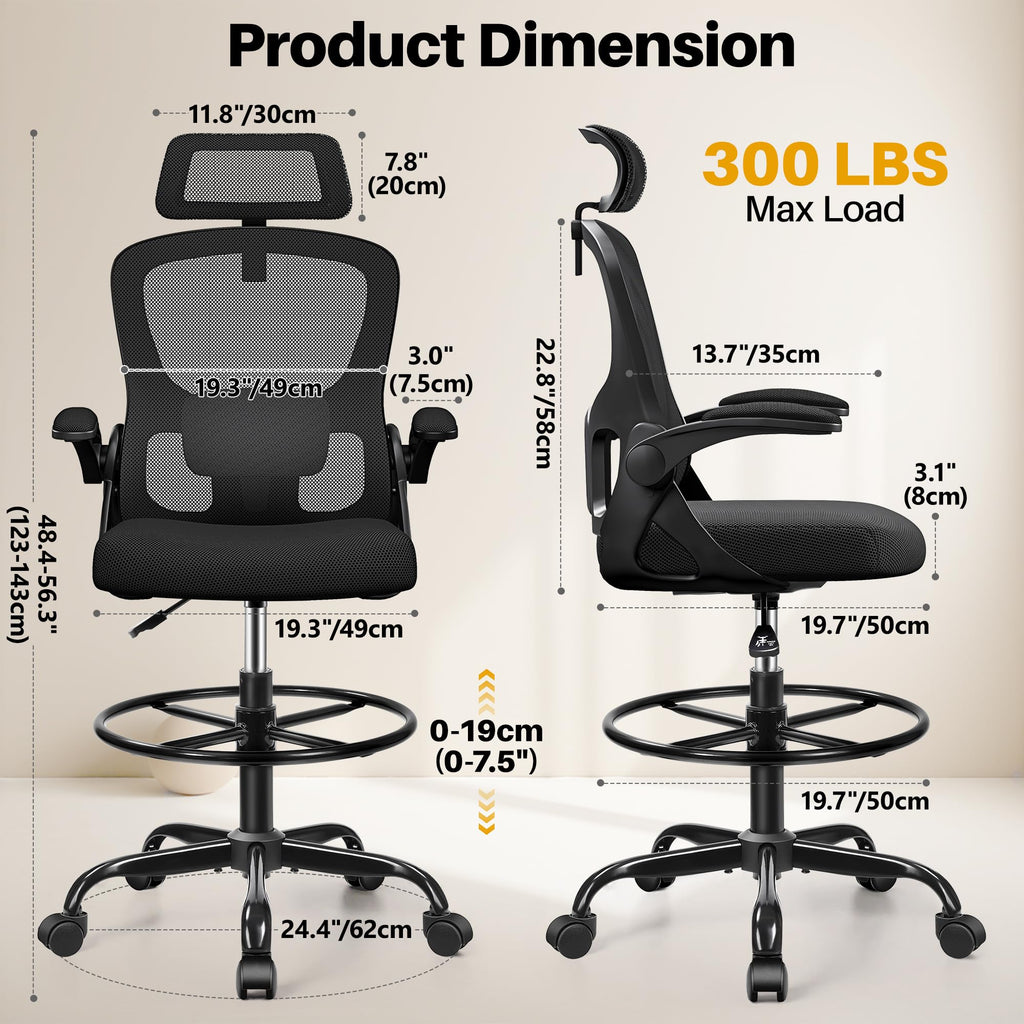Drafting Chair, Tall Office Chair for Standing Desk, Ergonomic High Back with Headrest, Lumbar Support, Foot Ring and Flip-up Armrests, Black
