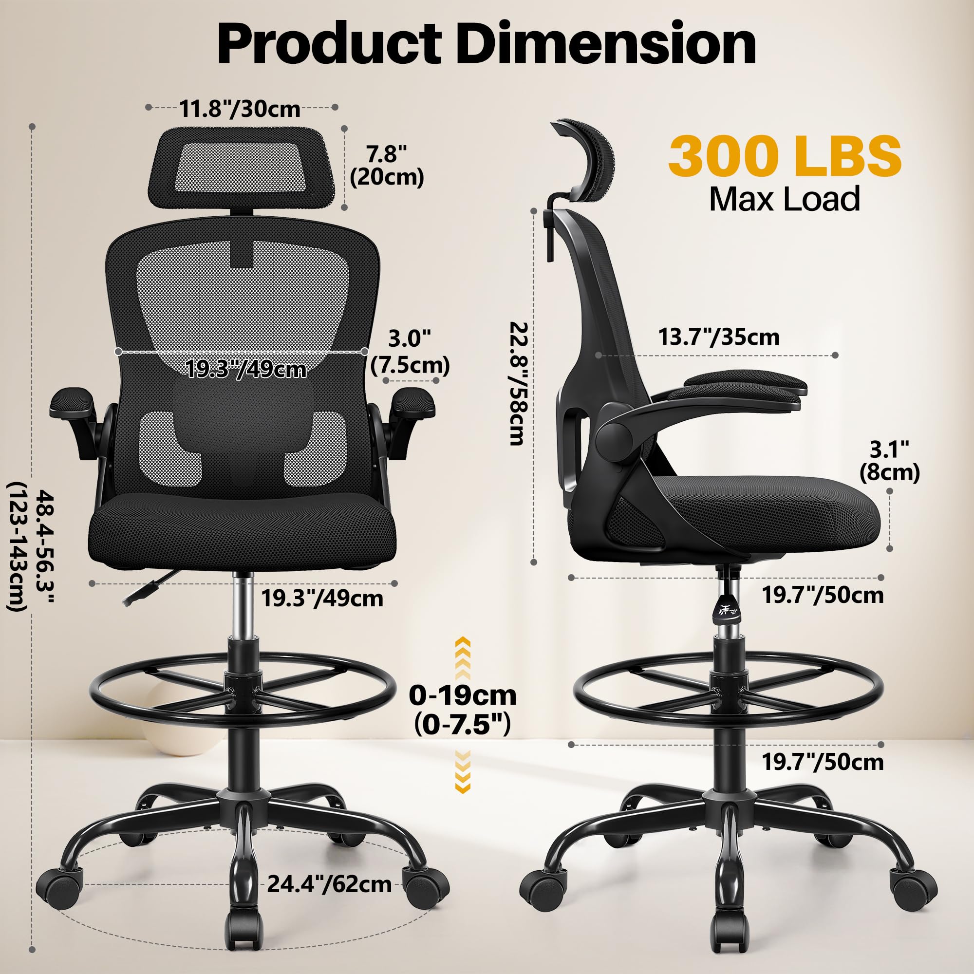 Drafting Chair, Tall Office Chair for Standing Desk, Ergonomic High Back with Headrest, Lumbar Support, Foot Ring and Flip-up Armrests, Black