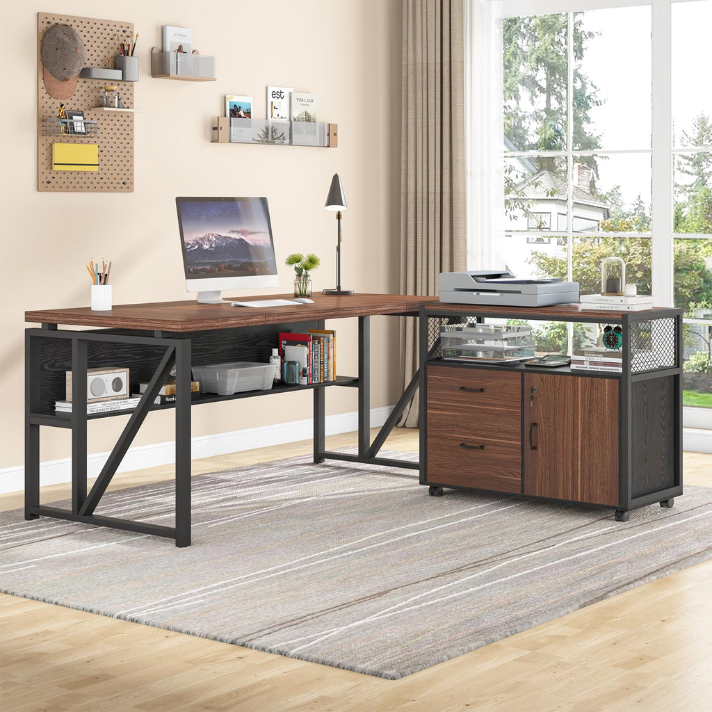 63" Executive Deskwith Drawer Cabinet, L Shaped Desk and lateral File Cabinet, 2 Piece Home Office Furniture Set with Drawers for Hanging, Doors with Locks (Dark Brown, 63 inches)