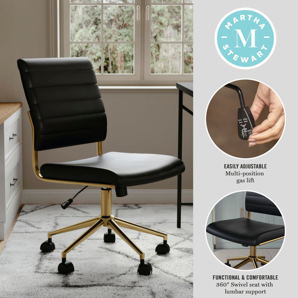 Armless Swivel Task Chair for Home Office in Black Faux Leather with Polished Brass Frame