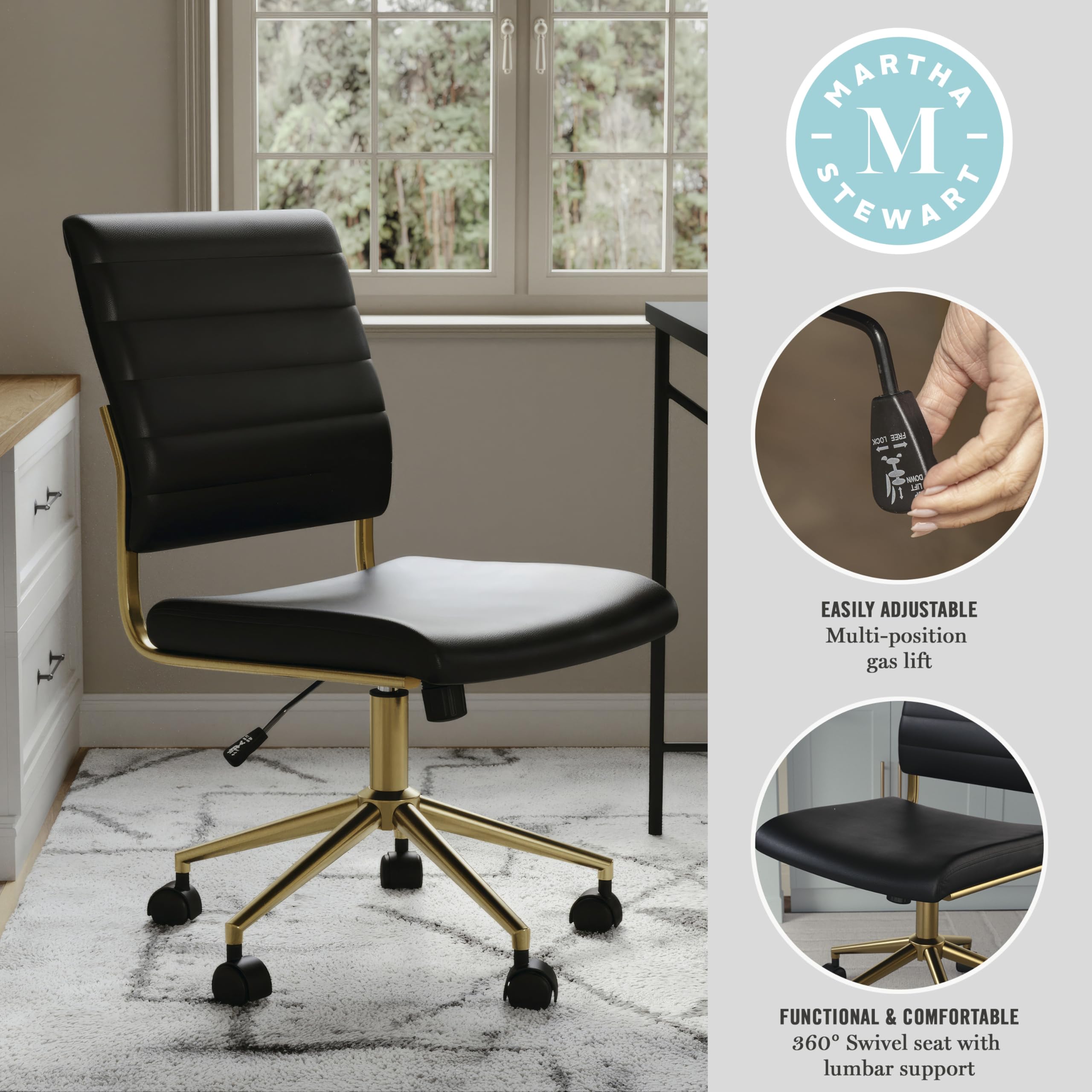 Armless Swivel Task Chair for Home Office in Black Faux Leather with Polished Brass Frame