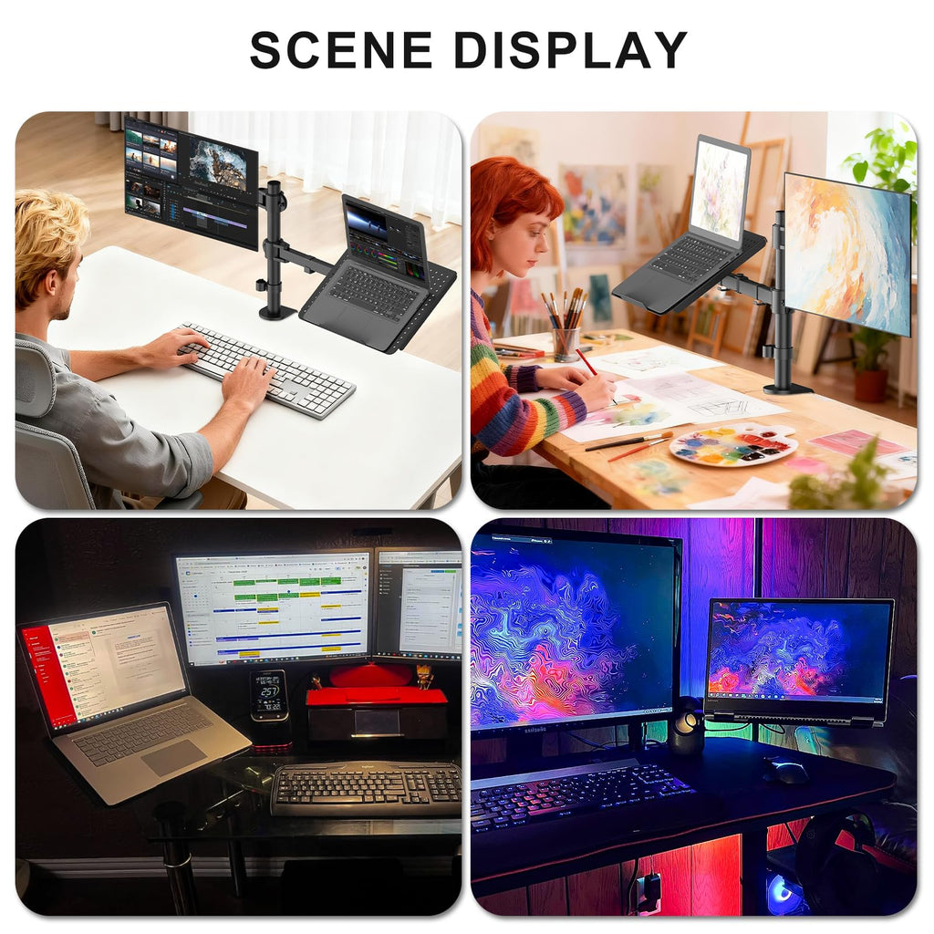 Dual Arm Laptop and Monitor Desk Mount for 17" Notebook and Up to 27" Screen, Fully Adjustable Monitor Arm with Laptop Tray, VESA 75x75 100x100, Holds up to 22 lbs, Black