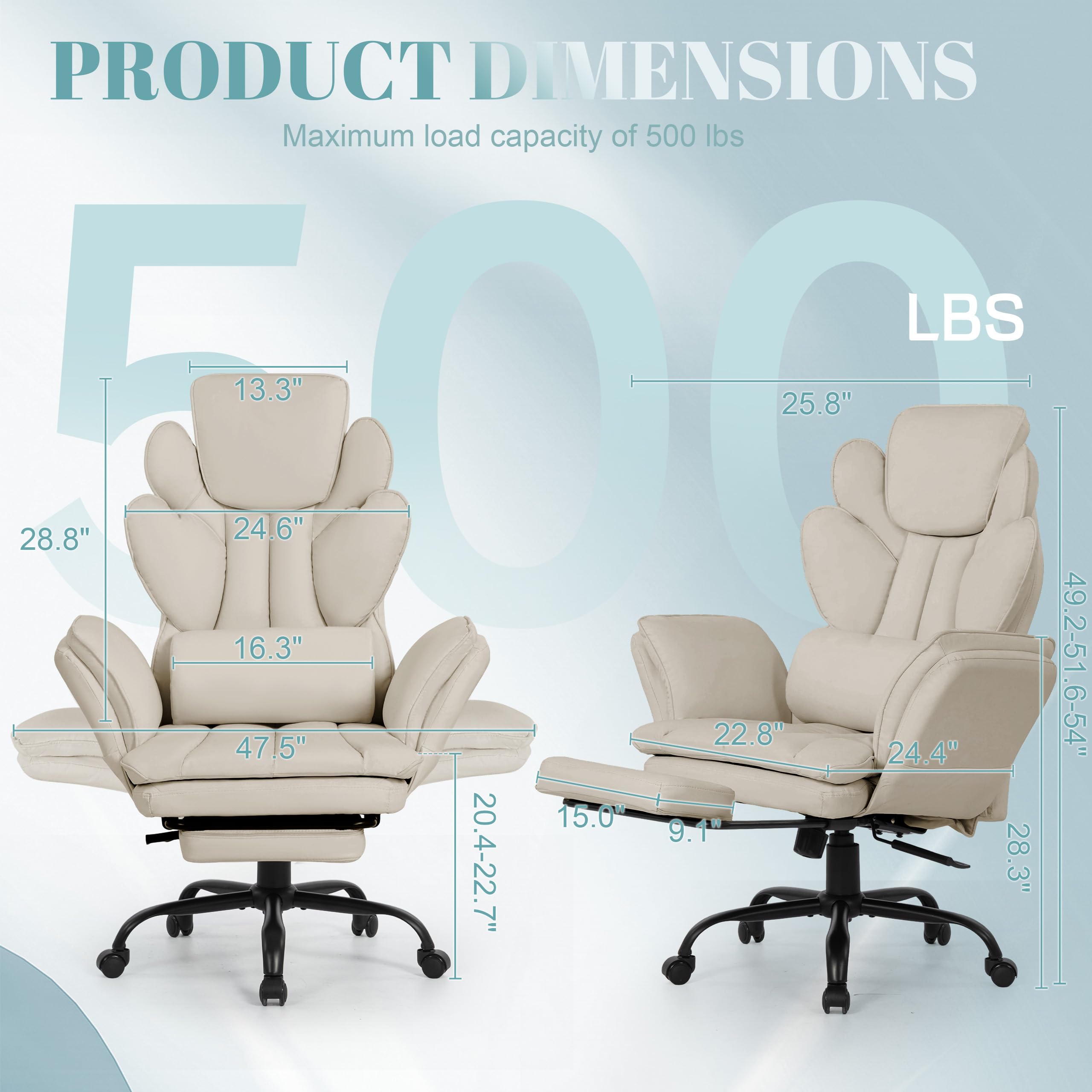 Flip Armrests Criss Cross Office Chair, Reclining Office Chair with Foot Rest, Adjustable Headrest, Massage Waist Pillow, Cross Legged Big and Tall Desk Chair Wide Seat Vanity Chair, PU Leather Beige