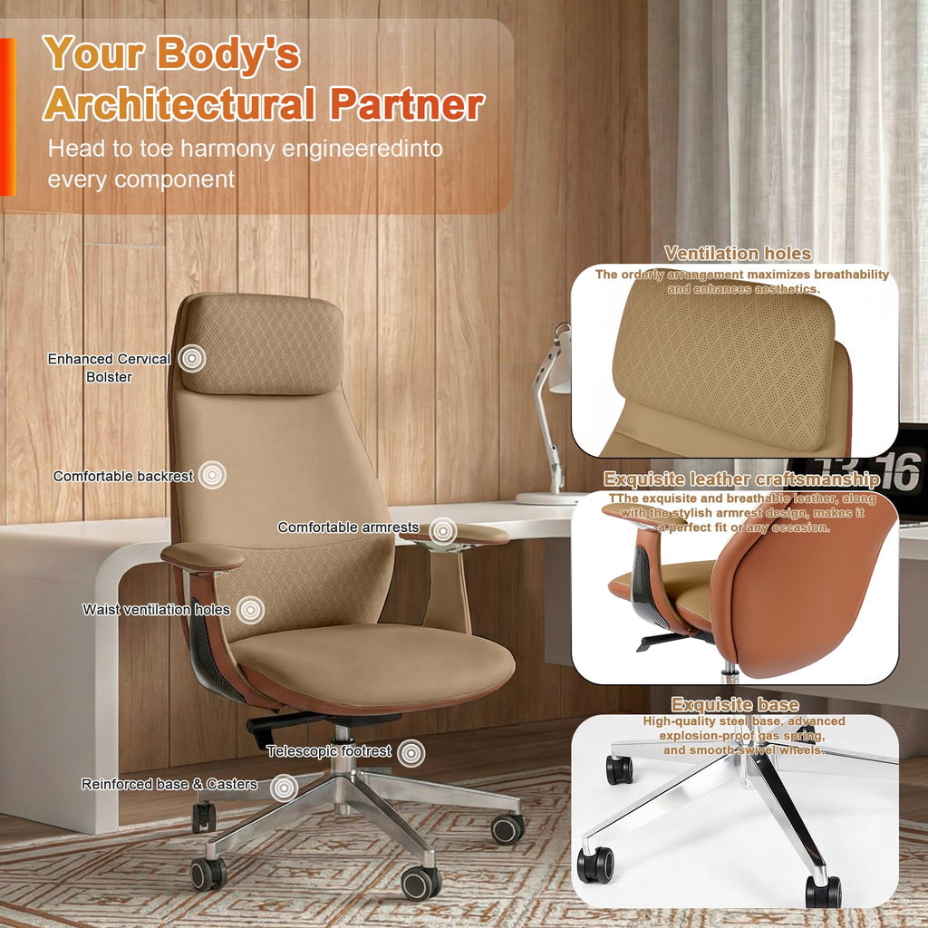 Genuine Leather High-Back Executive Office Chair,Ergonomic