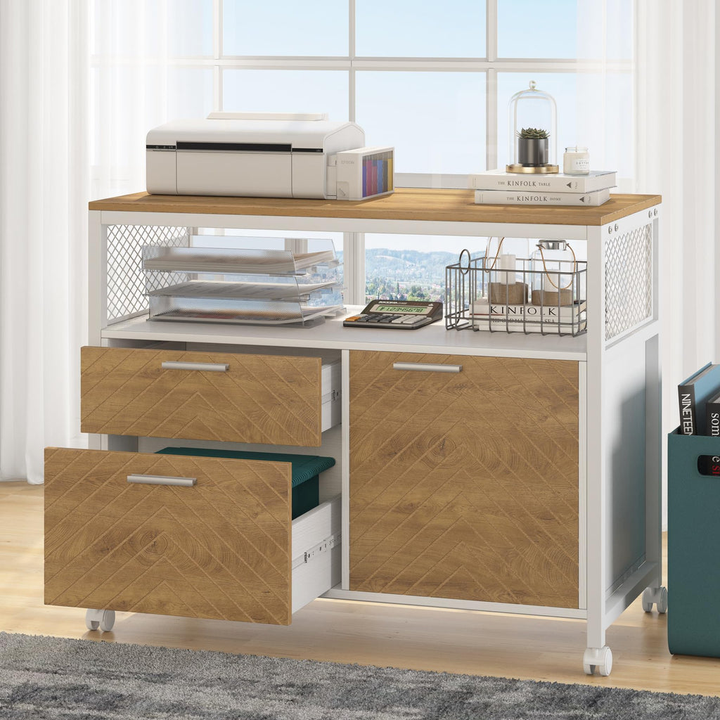 63" Executive Computer Desk and lateral File Cabinet, 2 Piece Home Office Furniture with Drawers for Hanging, Doors with Locks (Light Walnut, 63 inches)