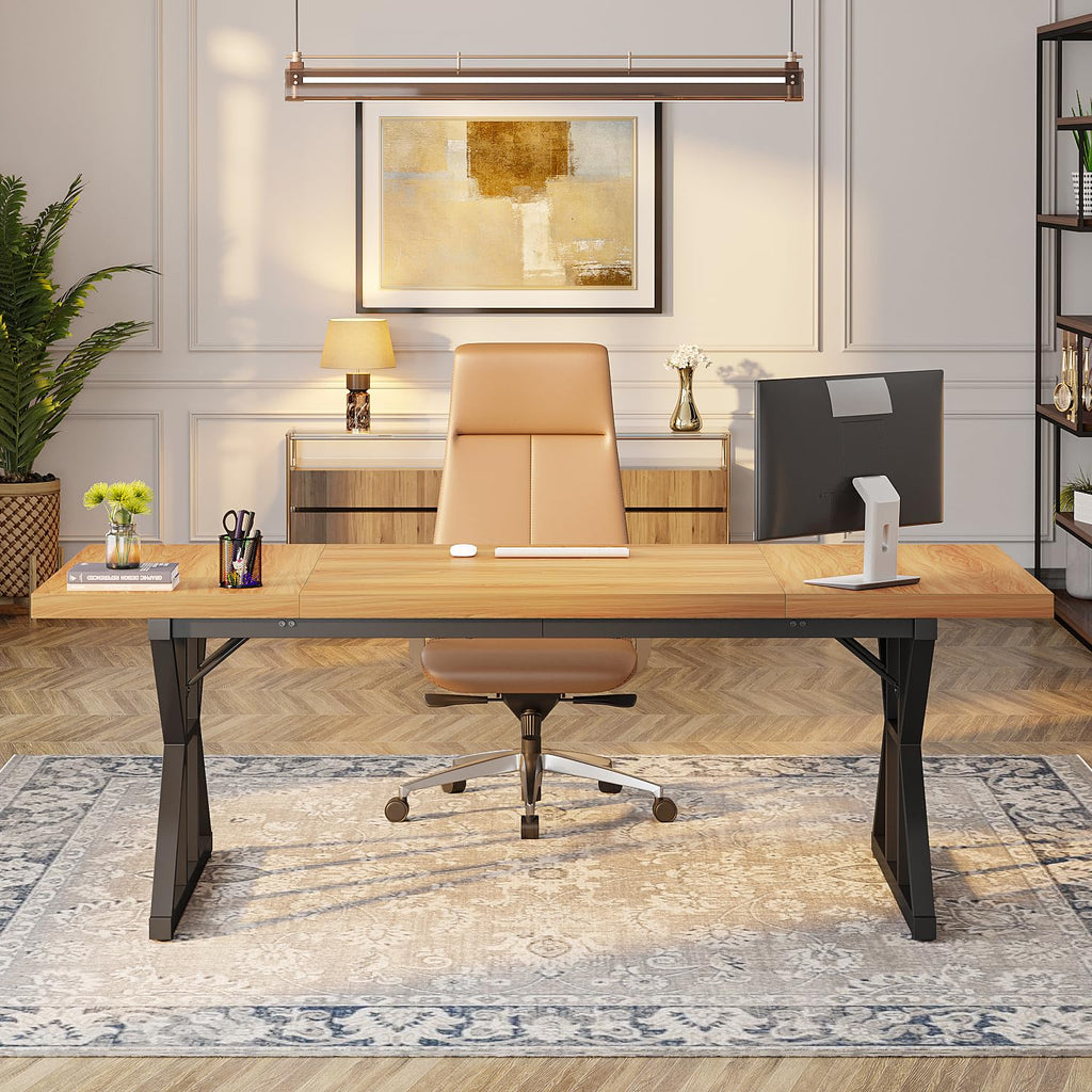 70.8-Inch Executive Desk, Large Computer Office Desk Workstation, Modern Simple Style Laptop Desk Study Writing Table Business Furniture for Home Office (Light Walnut/Black, 70.8 Inch)