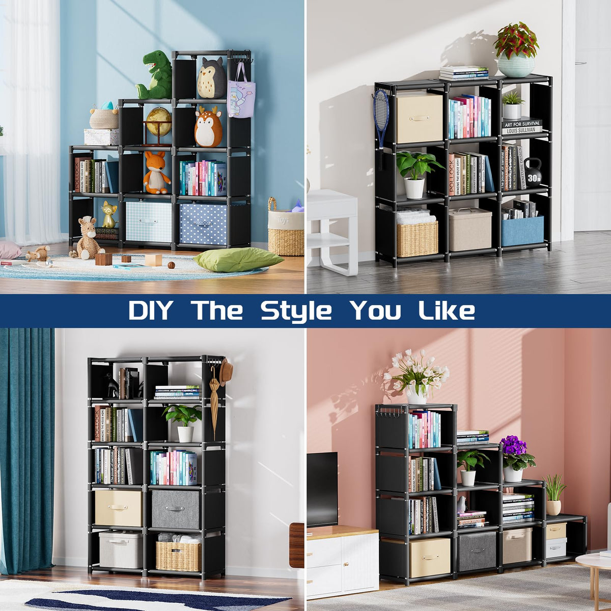 Bookcases: Black Cube Book Shelf, 10 Cube Tall Storage Organizer for Bedroom, Living Room & Office