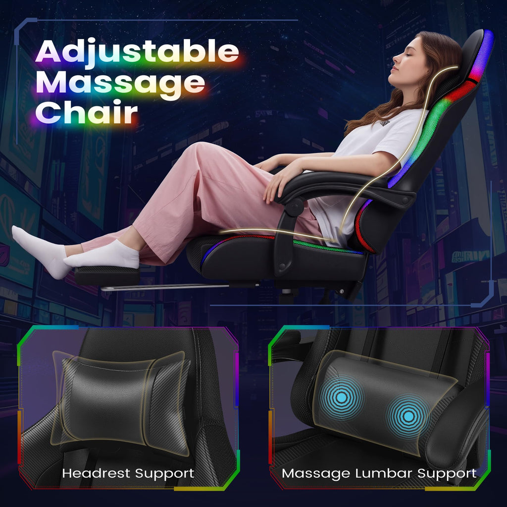 Gaming Chair, Video Game Chair with Footrest and Massage Lumbar Support, Ergonomic Computer Chair Height Adjustable with Swivel Seat and Headrest (RGB Dark Black)