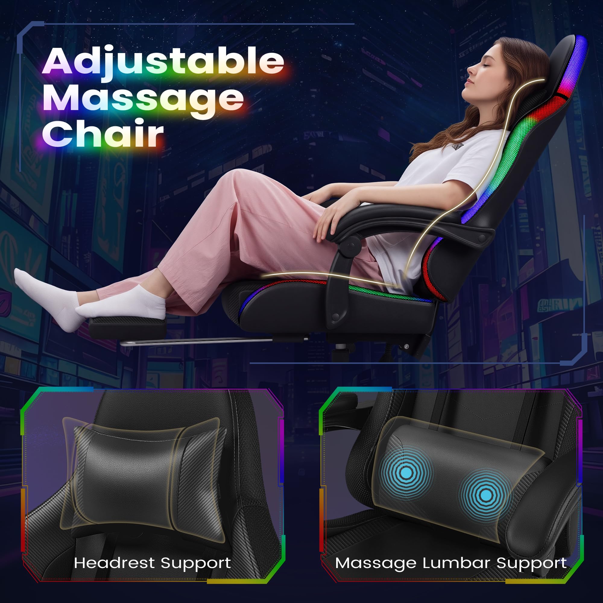 Gaming Chair, Video Game Chair with Footrest and Massage Lumbar Support, Ergonomic Computer Chair Height Adjustable with Swivel Seat and Headrest (RGB Dark Black)