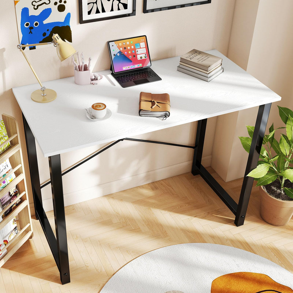 55 Inch Computer Desk for Home Office, Modern Study Work Table Simple Style for Bedroom Small Space, Large Writing Desks with X-Shaped Reinforcement, Wood White