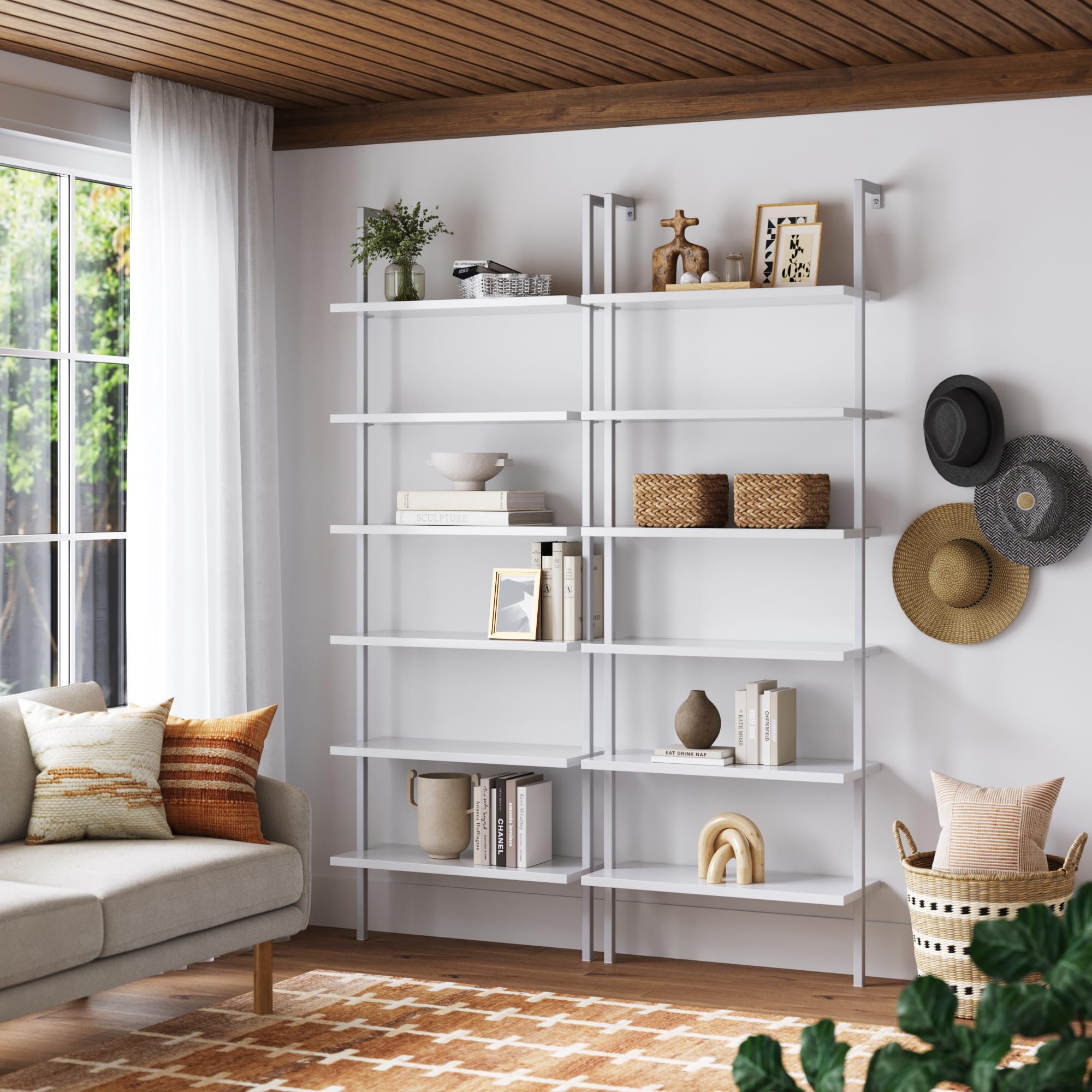 6-Shelf Tall Modern Bookshelf, Wall Mount Ladder Shelf Bookcase with White Wood and Industrial Metal Frame, Matte White/White, Set of 2
