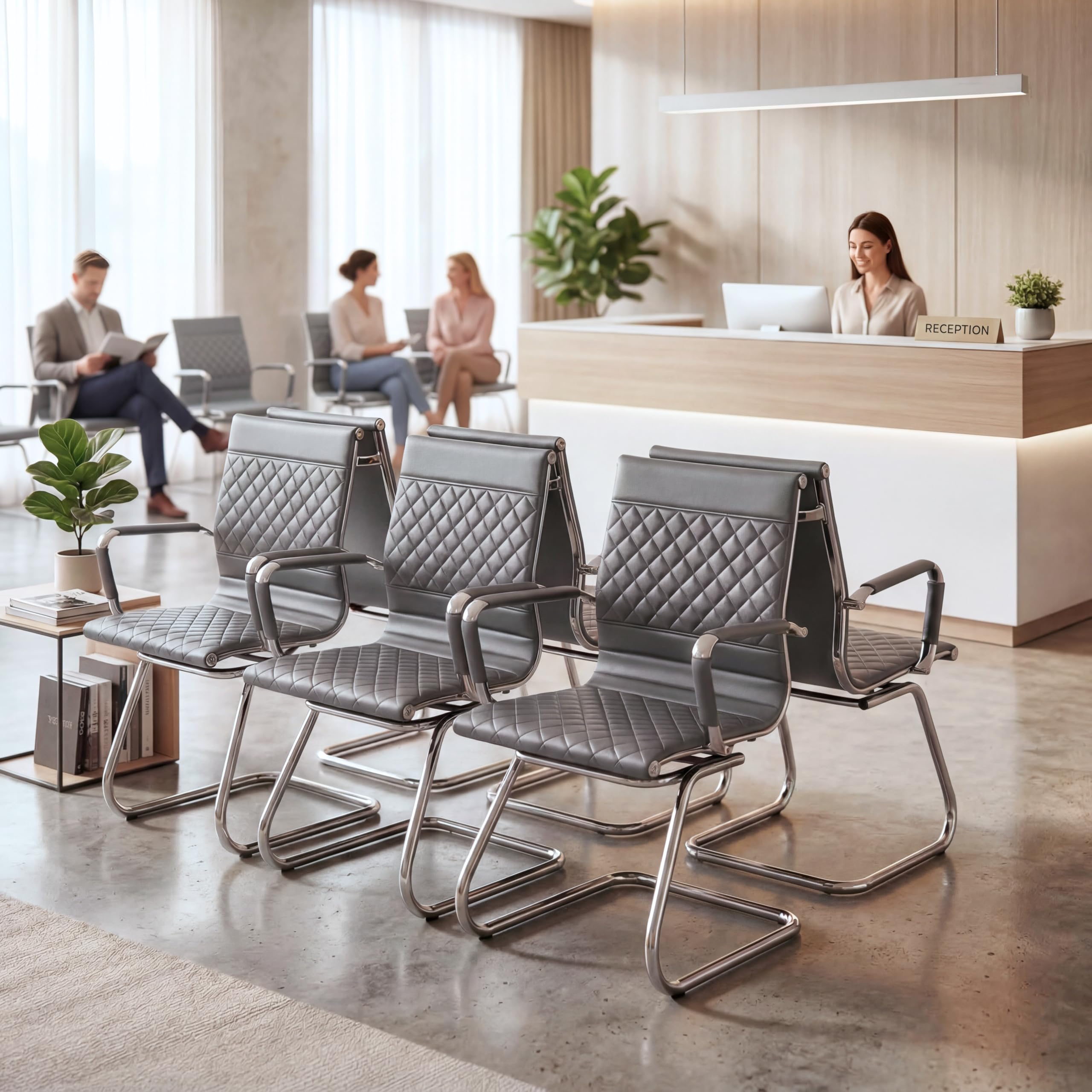 Office Chairs Set of 4 - PU Leather Desk Chair No Wheels with Arms - 400LB Capacity Sled Base Waiting Room Chairs, Modern Conference Chair for Home Office, Lobby, School Grey