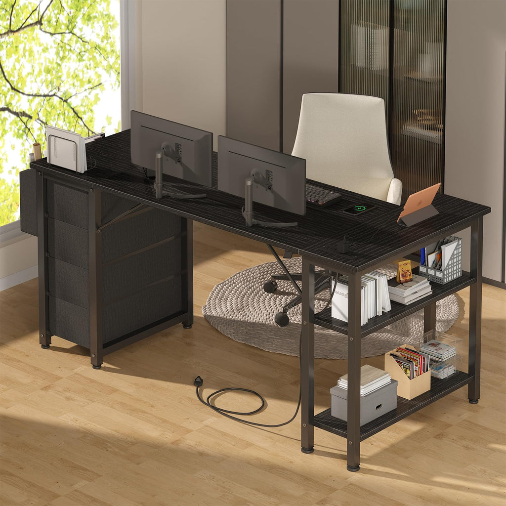 L Shaped Gaming Desk with Drawers & Storage Shelves, 63 Inch Corner Computer Desk with Power Outlet for Home Office Bedroom, L-Shaped Teen PC Desks with Fabric Drawer, Black