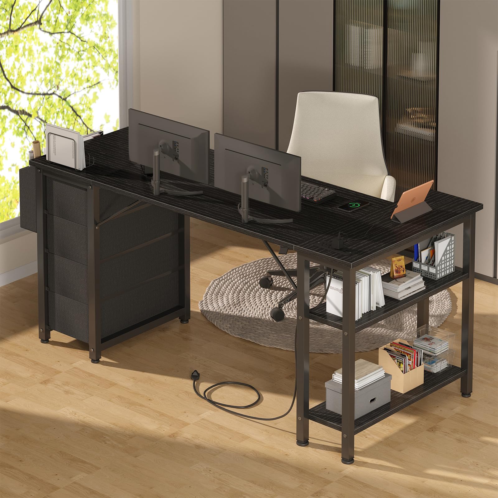 L Shaped Gaming Desk with Drawers & Storage Shelves, 63 Inch Corner Computer Desk with Power Outlet for Home Office Bedroom, L-Shaped Teen PC Desks with Fabric Drawer, Black