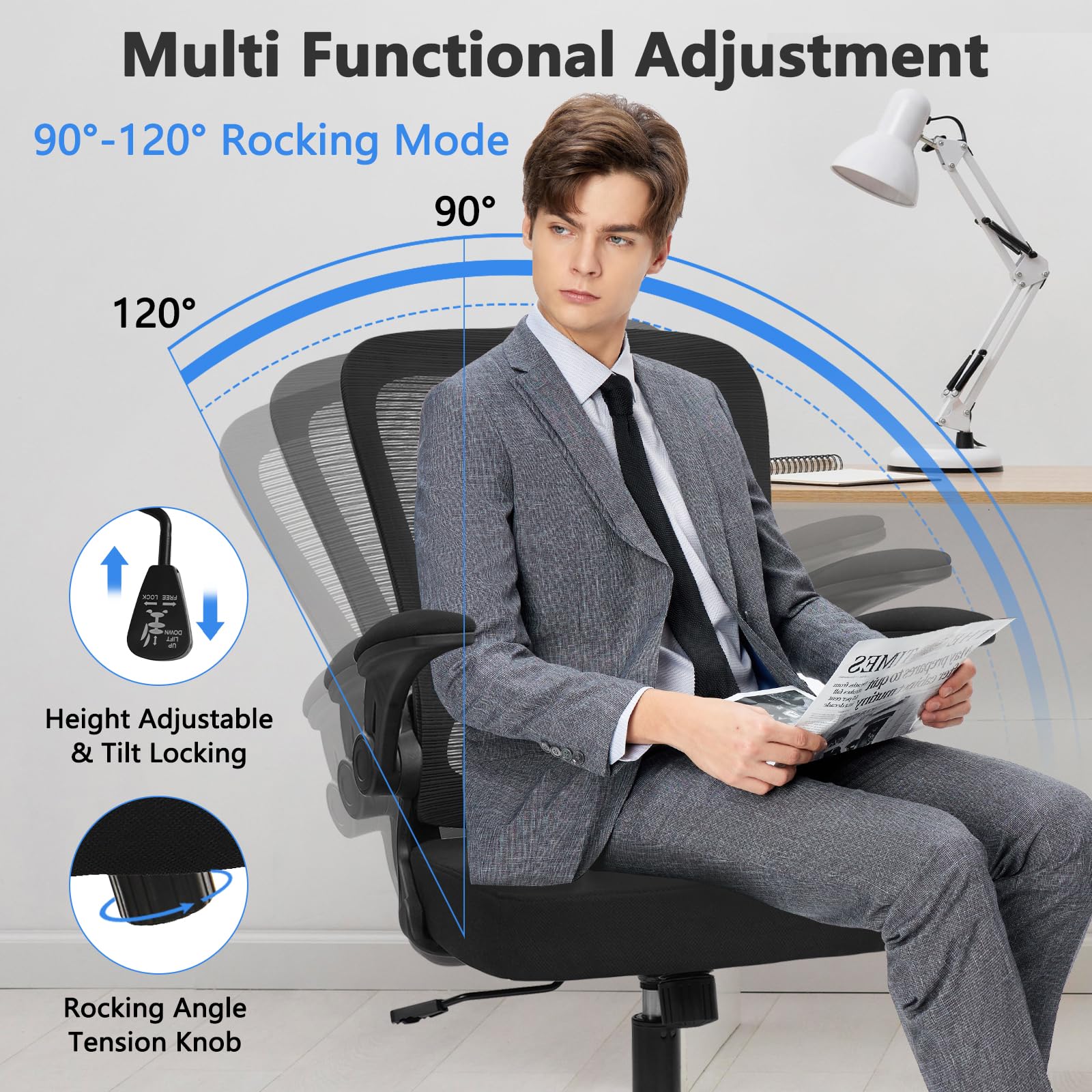 KLASIKA Home Office Desk Chair with Flip Up Armrests, Mesh Back Chair with Adjustable Height Lumbar Support, Ergonomic Computer Task Chair with Wheels for School, Conference, Black(8PK)