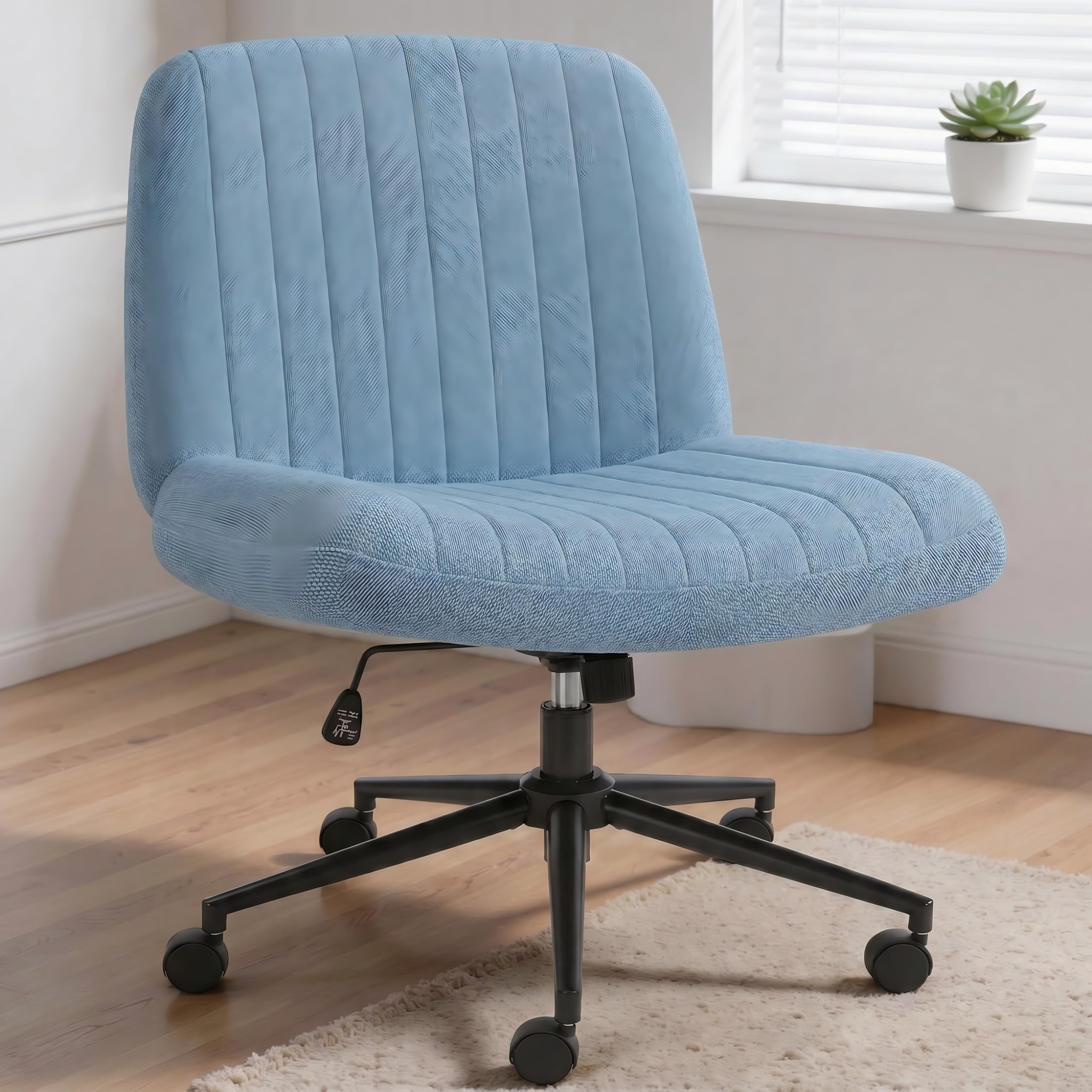 Criss Cross Chair,Cross Legged Office Seat with Wheels Armless Swivel Vanity Chair,Height Adjustable Wide Computer Task Seating for Home Office,Blue ﻿