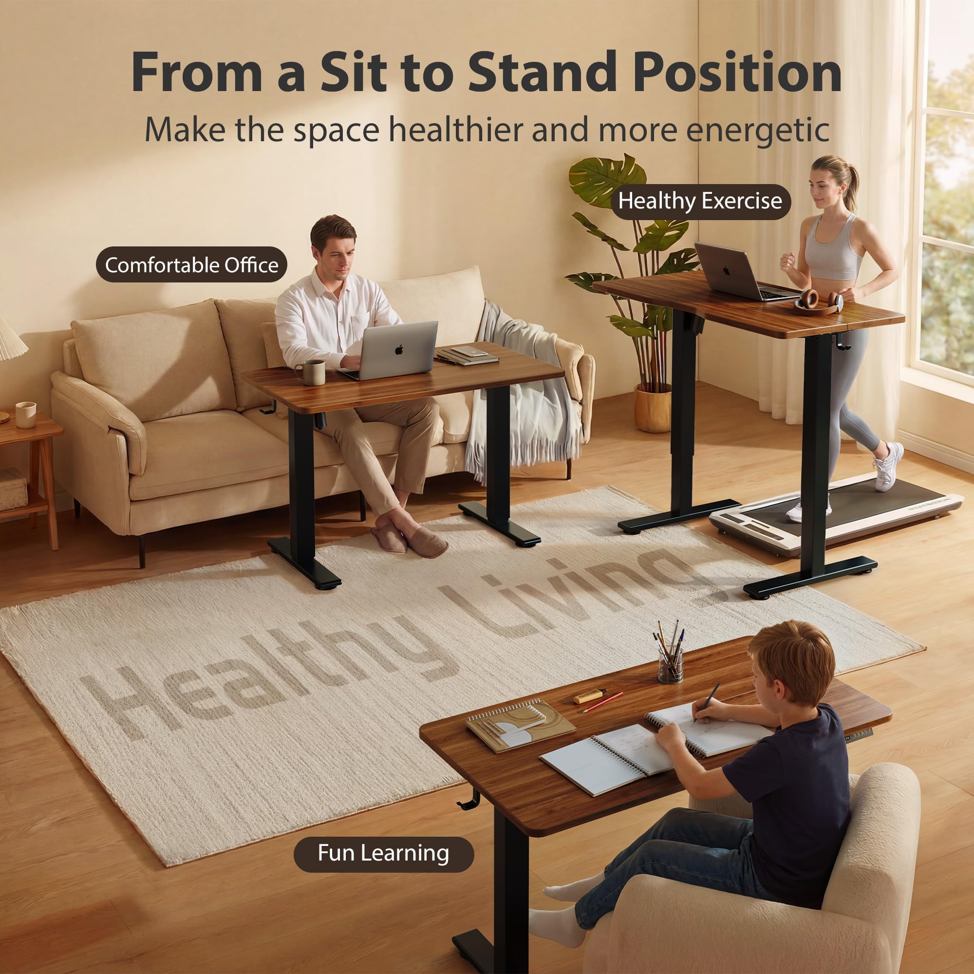 Standing Desk, 55x24 Inches Sit Stand Home Office Desk, Electric Stand up Desk, Adjustable Desk with Splice Board, Black Frame/Black Walnut Top