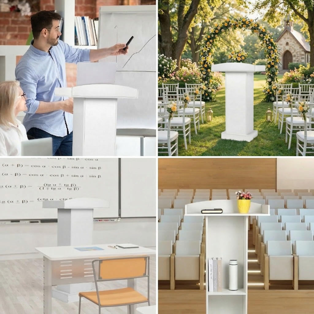 Podium Stand for Lectern Presentation Church Classroom, White Pulpit with Wooden Heavy Base, Podium for Lecture, Wedding Speech