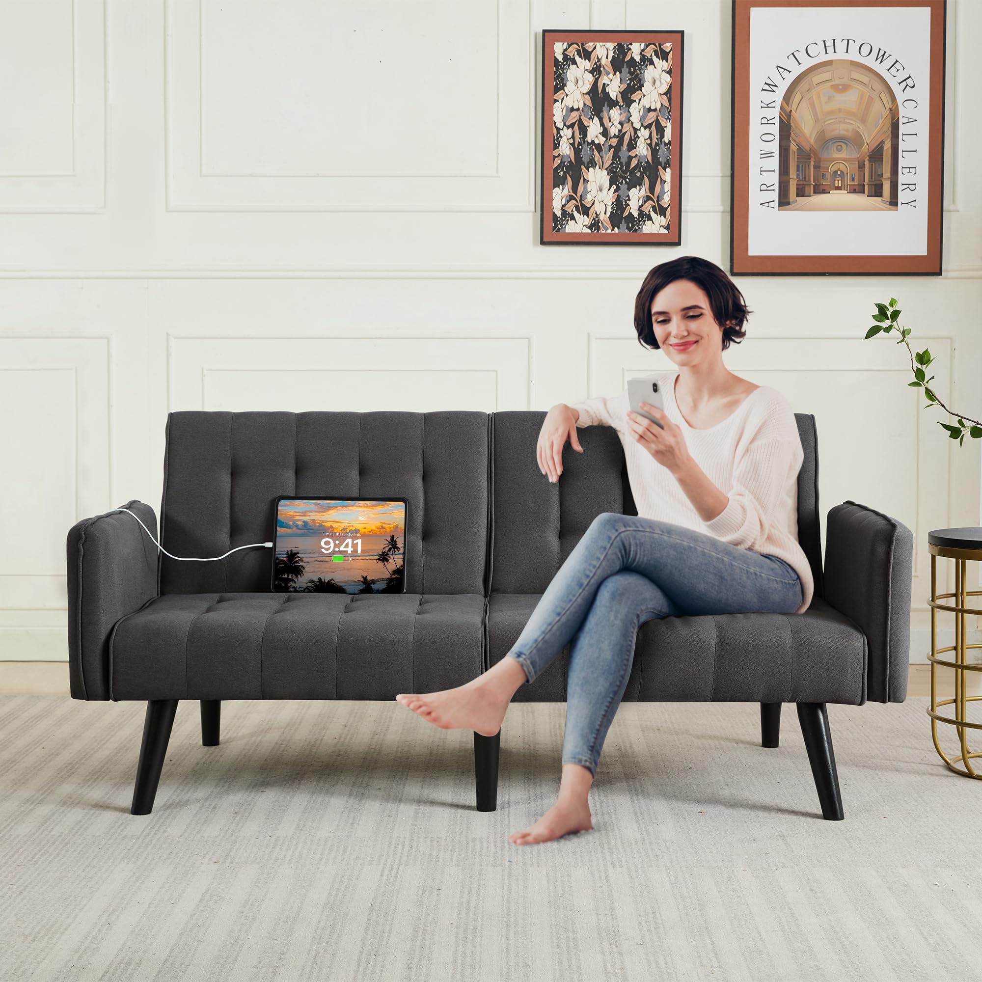 65“ Convertible Futon Sofa Bed w/ 2 USB, Upholstered Tufted Small Adjustable Folding Couch Loveseat, Modern Mid Century Sleeper Sofa for Office, Living Room, Bedroom, Apartment (Dark Grey)