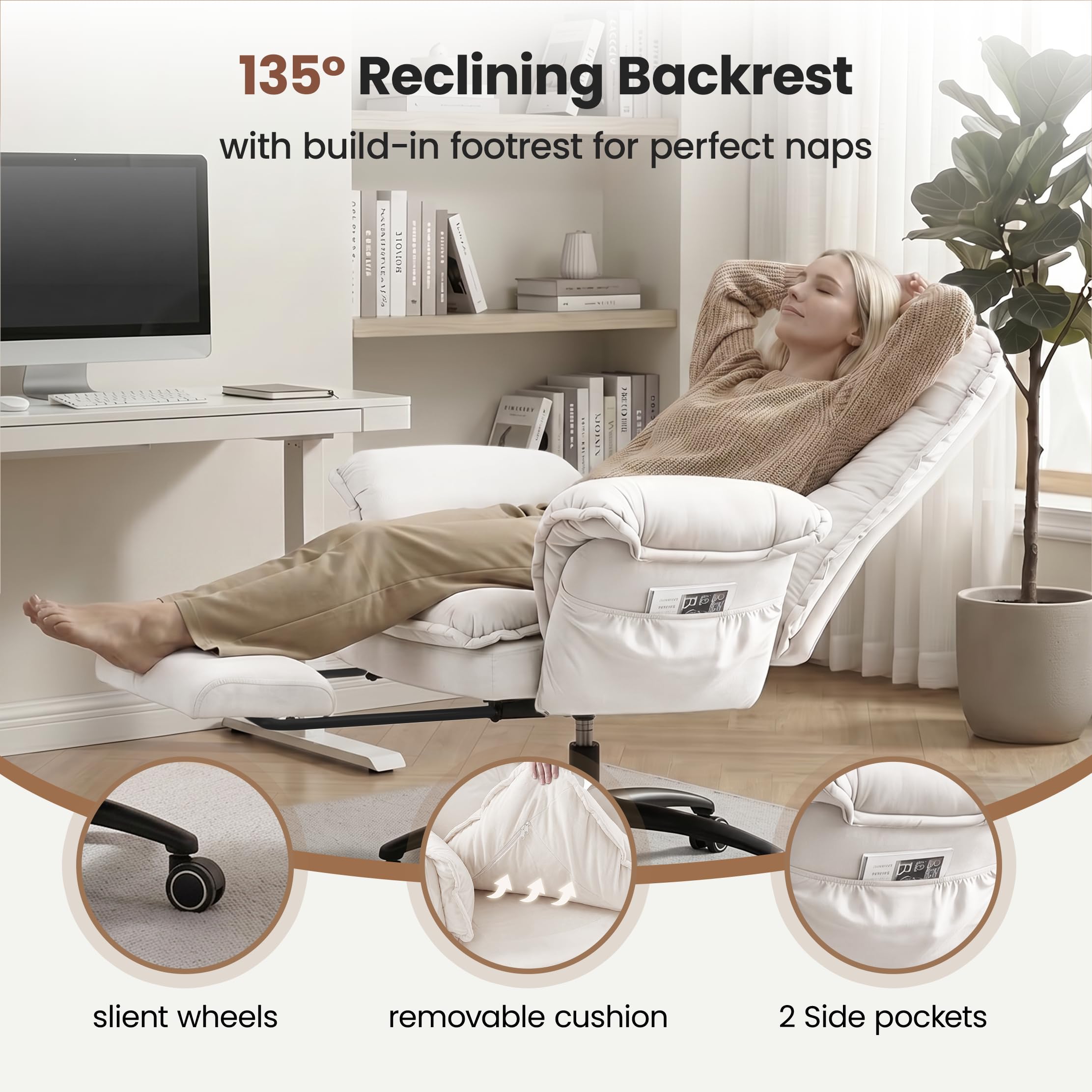 Criss Cross Chair with Adjustable Arms and Foot Rest, Wide Seat Reclining Office Chair with Wheels, Makeup Vanity Chair with Side Pockets, Comfy Velvet Cross Legged Desk Chair, Beige