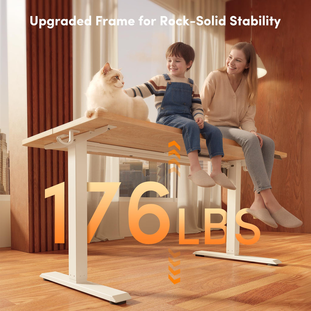 Standing Desk, 48 × 24 Inches Electric Height Adjustable, Sit and Stand Up, Computer Office Desk with Splice Board, White Frame/Maple TOP