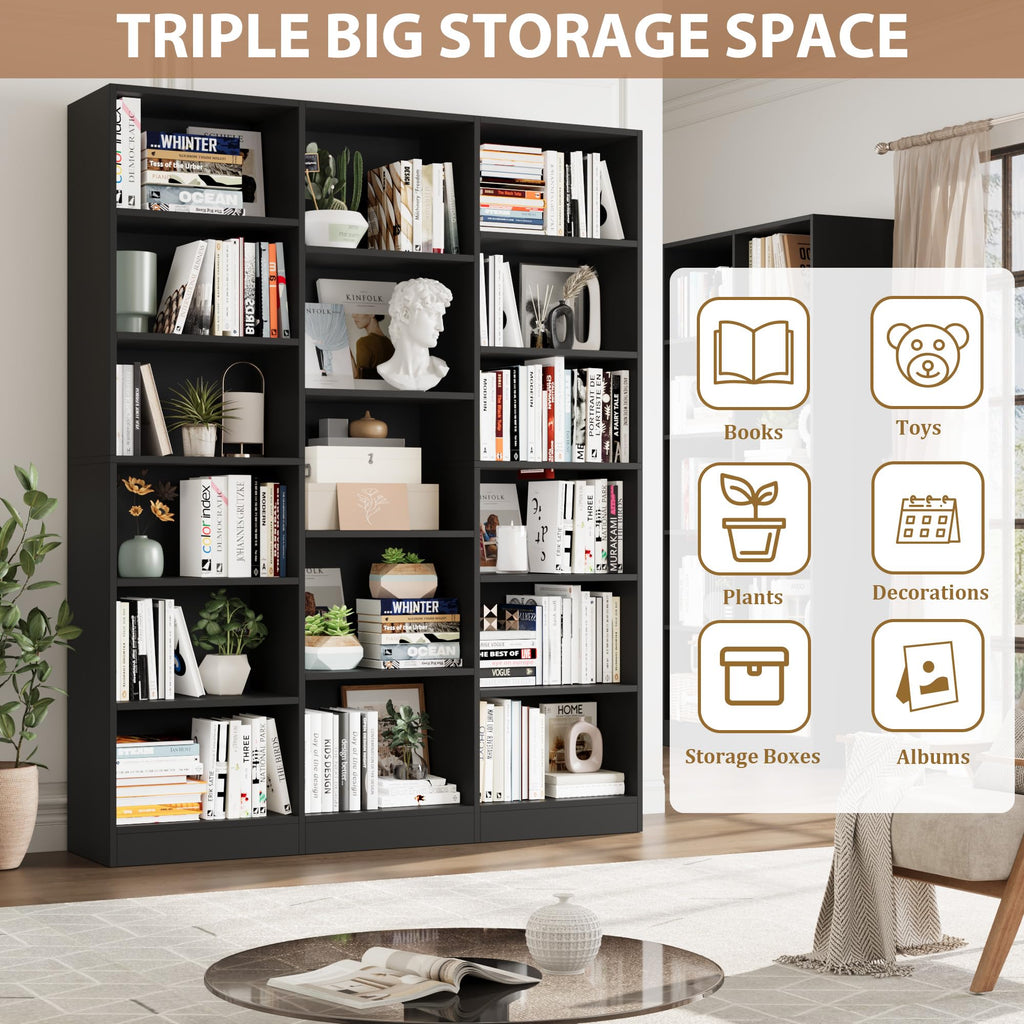 Triple Wide Bookshelf, Large Bookshelf with 17 Display Shelves