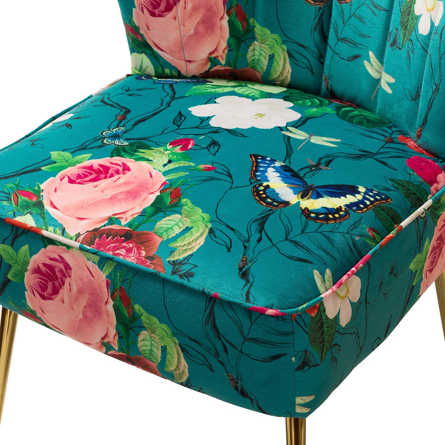 Accent Chair Set of 2 with Golden Legs, Comfy Floral Fabric Living Room Chair, Wingback Small Armless Side Chair, Upholstered Slipper Chair for Bedroom, Reading Room (Flower Print, Blue)
