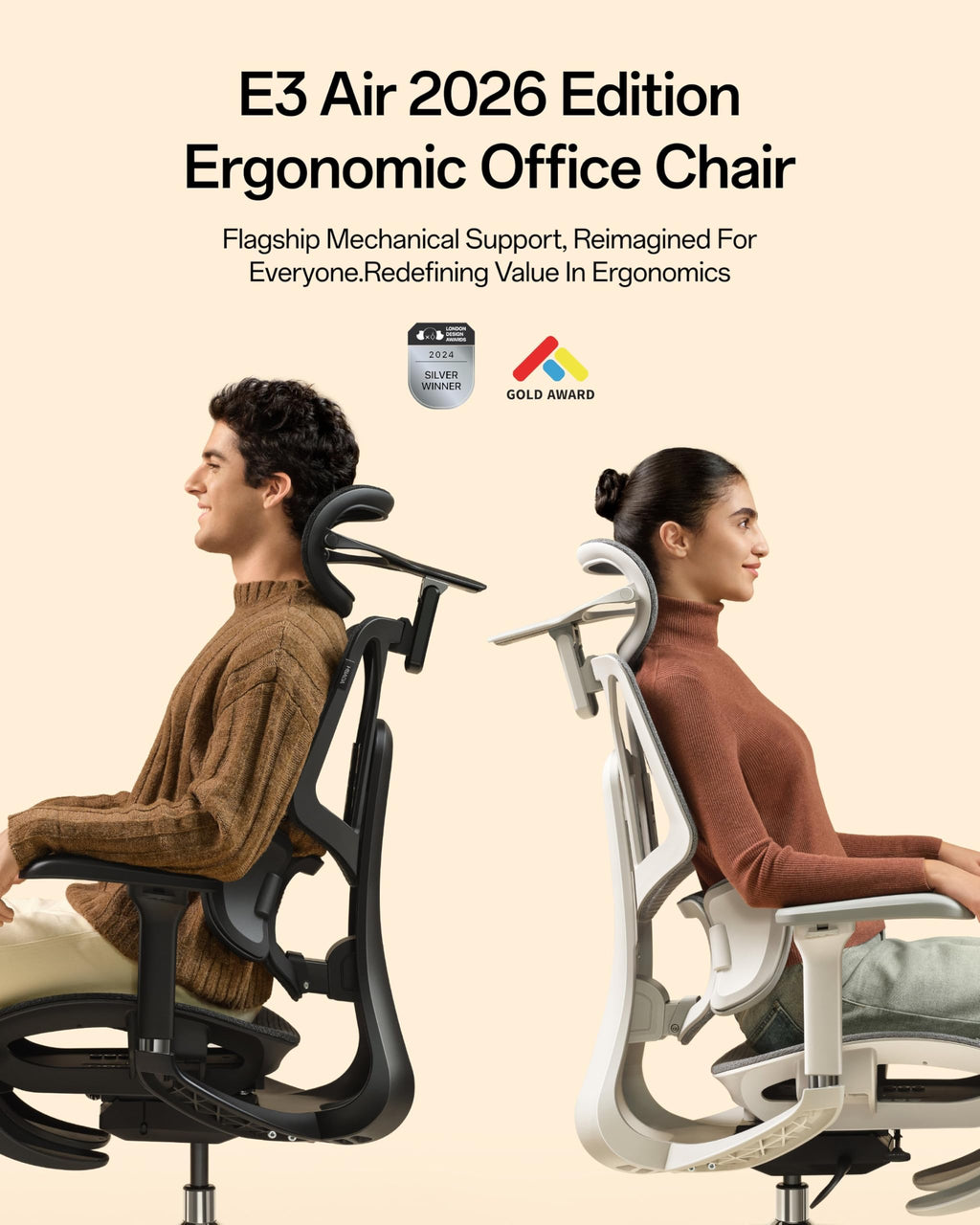E3 Air 2026 Ergonomic Office Chair, 3-Zone Lumbar Support, Comfy Home Office Chair with Auto Recline, 4D Headrest & Armrests, 140° Tilt for Work & Relax, Grey with Footrest