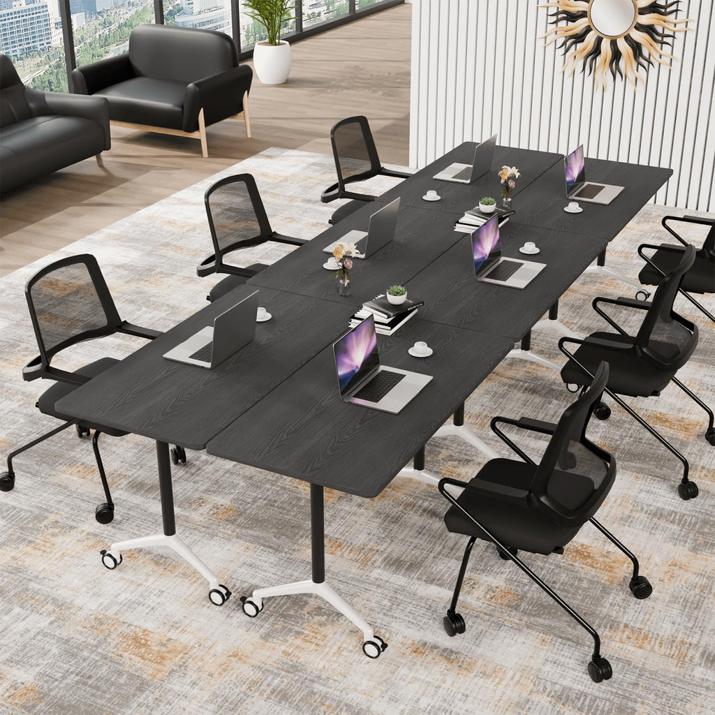 Conference Table, Folding Conference Room Tables, Modern Flip Top Seminar Training Meeting Table with Wheels, Modular Foldable Conference Tables for Home Office Classroom (Black 4 Pack,55.1inch)