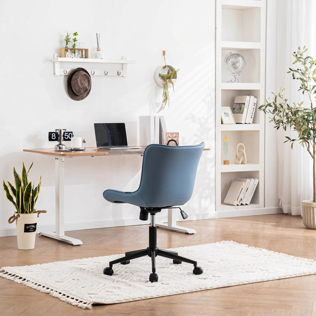 Blue Office Desk Chair with Wheels Comfy Armless Vanity Chair with Back Modern Small Faux Leather Upholstered Rolling Task Chair Cute Computer Drafting Sewing Chair Swivel Adjustable Compact