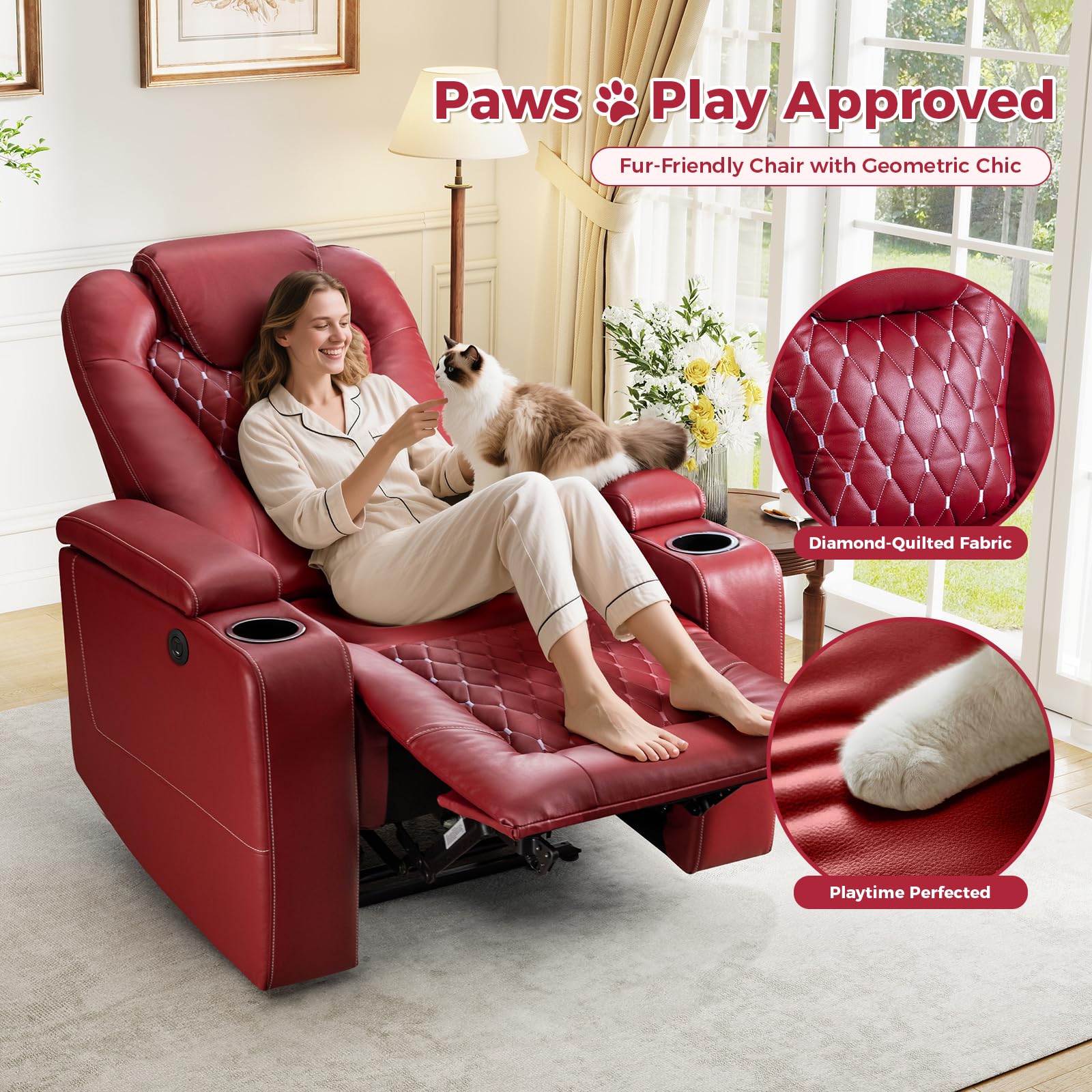 Power Recliner Chair Set of 7, Electric Soft Faux Leather Reclining Home Theater Seating - USB Ports, Cup Holders, Hidden Arm Storage Movie & Media Room Chairs (Red)